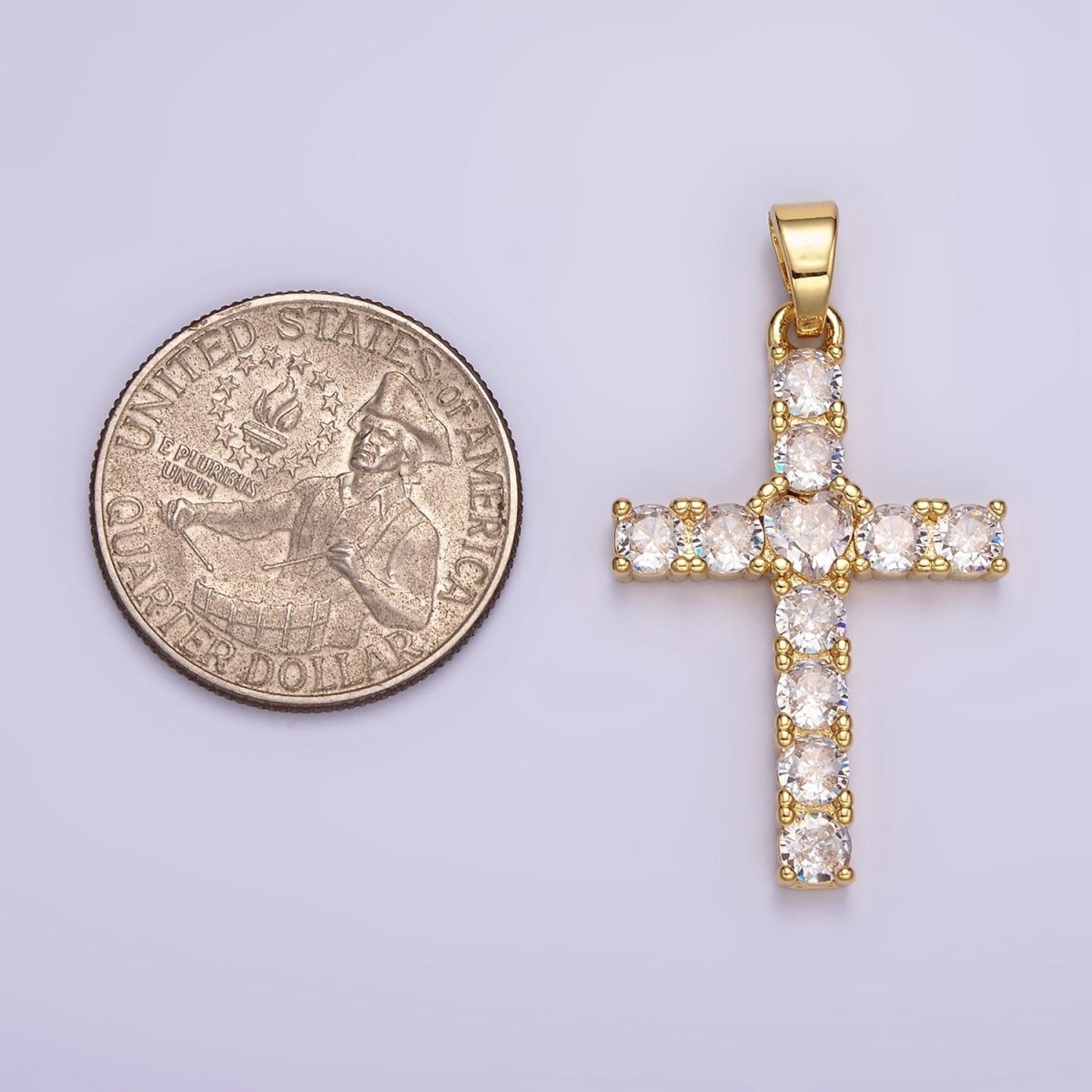 14K Gold Filled 40mm Clear Round CZ Lined Religious Cross Pendant | N1287 - DLUXCA