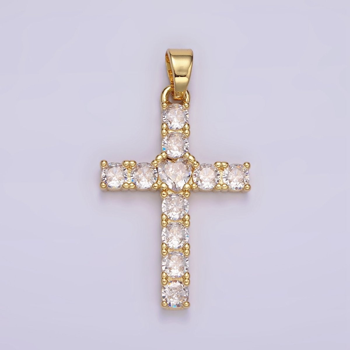 14K Gold Filled 40mm Clear Round CZ Lined Religious Cross Pendant | N1287 - DLUXCA