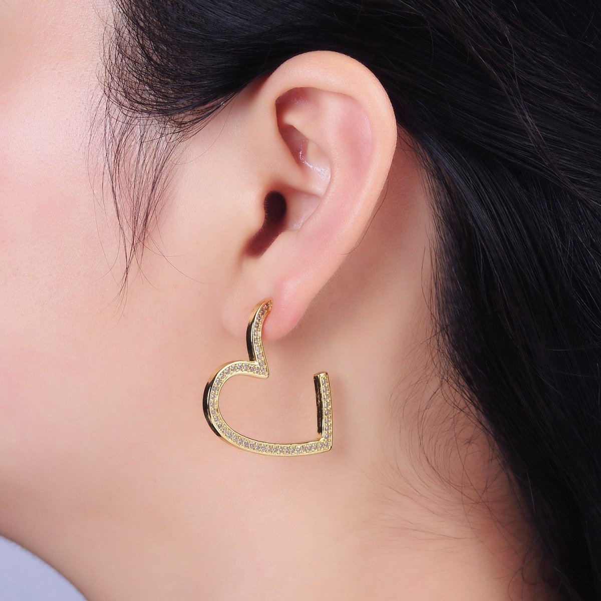 14K Gold Filled 40mm Open Heart CZ Lined Hoop Earrings | AE099 - DLUXCA