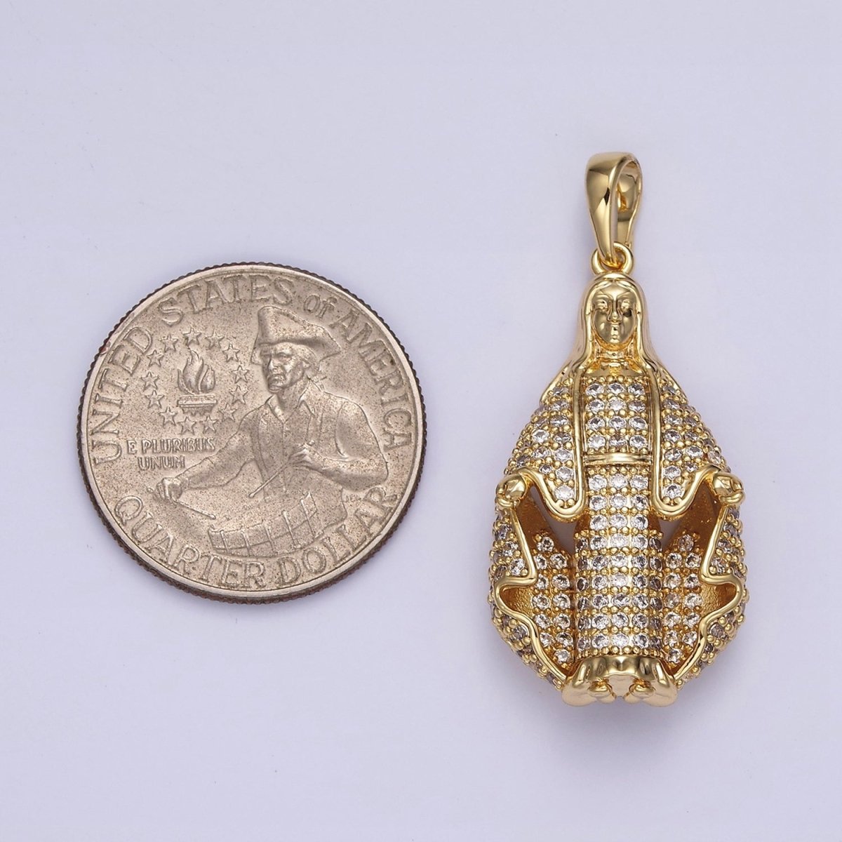 14K Gold Filled 40mm Robed Mother Mary Lady Guadalupe Micro Paved CZ Pendant | AA653 - DLUXCA