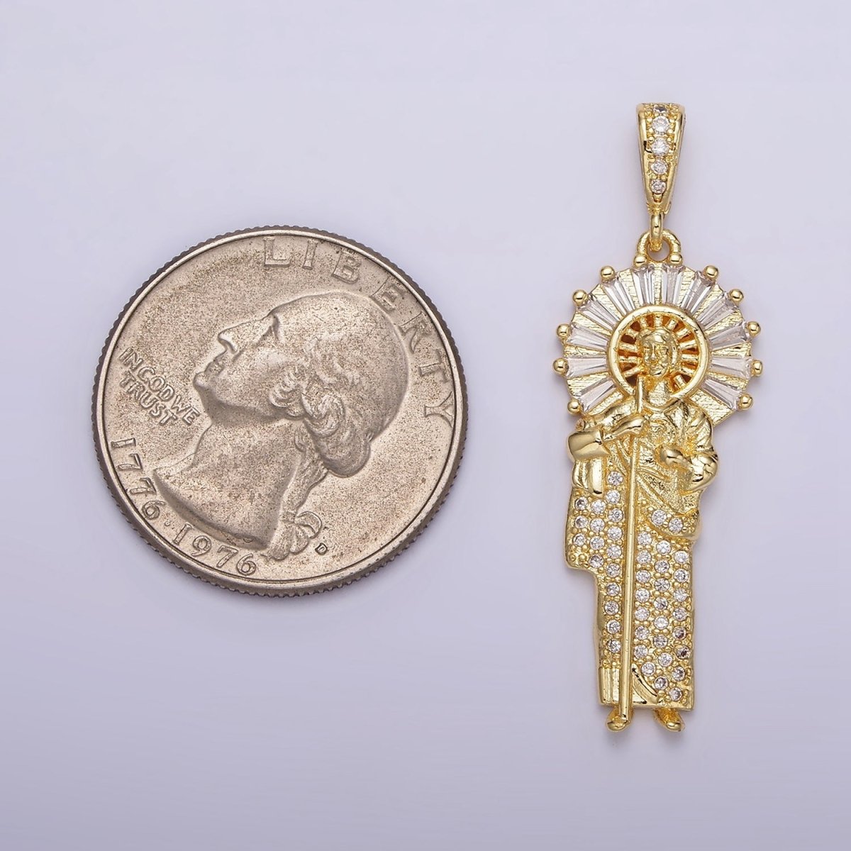 14K Gold Filled 40mm Saint Jude Clear Baguette Micro Paved CZ Bail Pendant | AA - DLUXCA