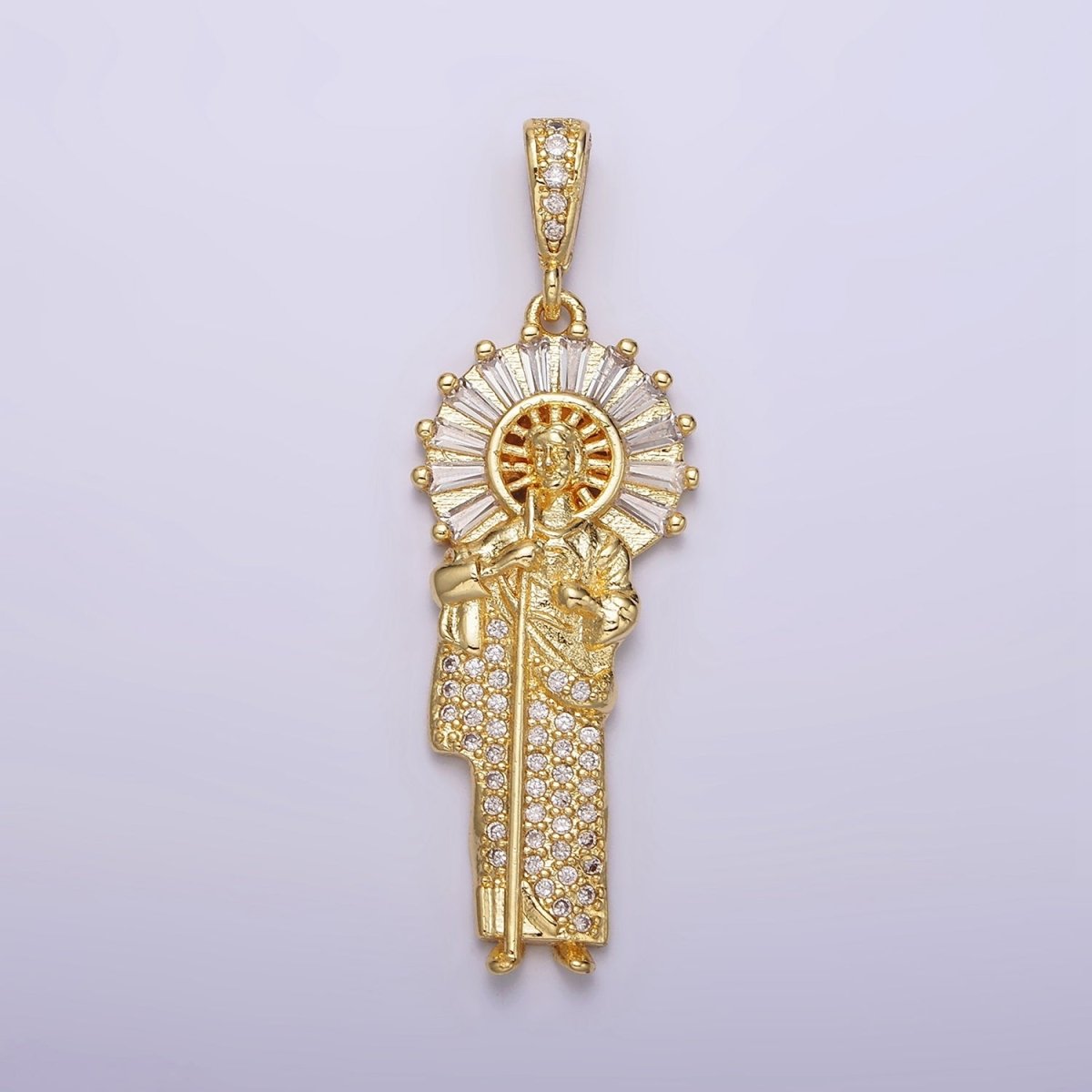 14K Gold Filled 40mm Saint Jude Clear Baguette Micro Paved CZ Bail Pendant | AA - DLUXCA