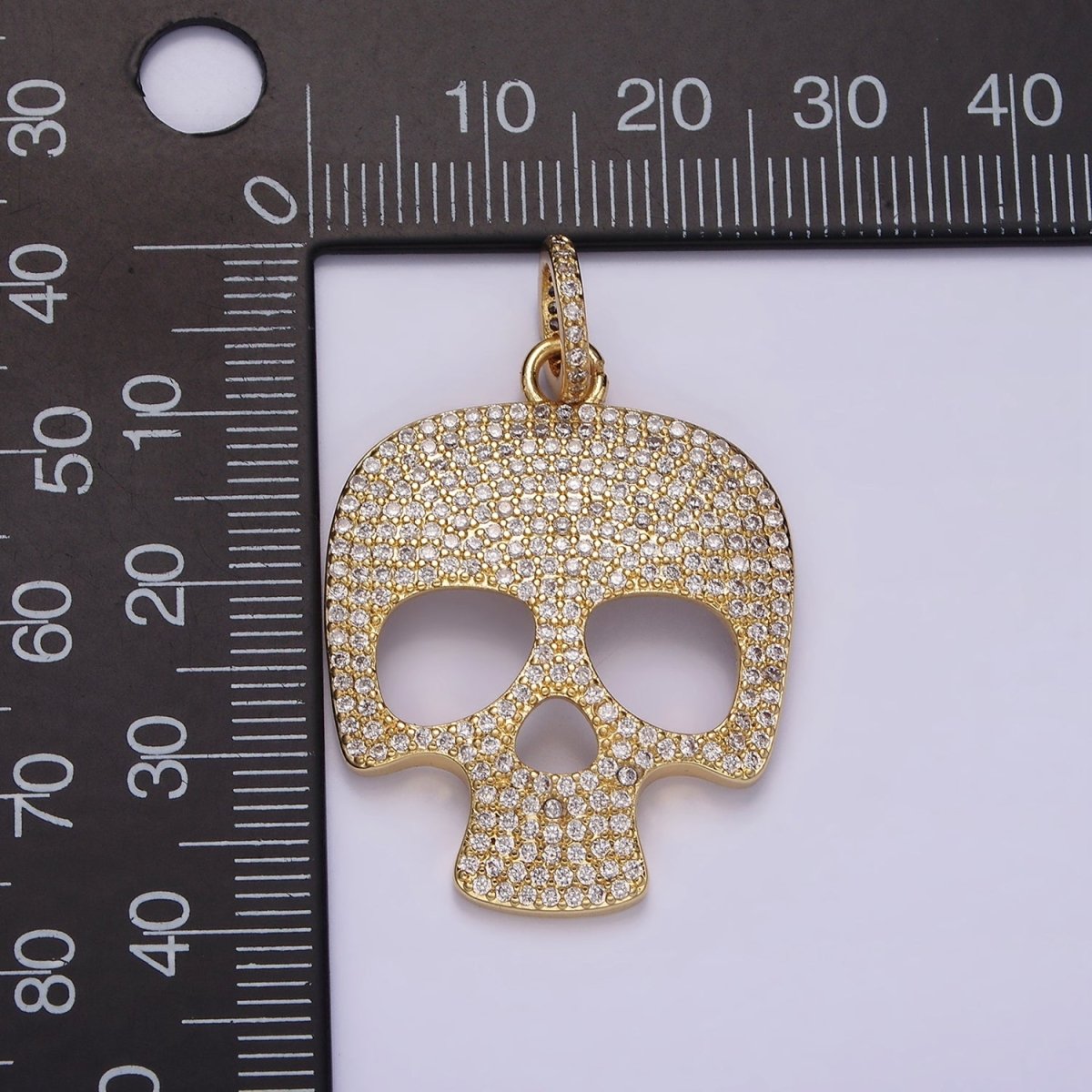 14K Gold Filled 40mm Skeleton Skull Clear Micro Paved CZ Charm in Black, Gold & Silver | AC845 - AC847 - DLUXCA