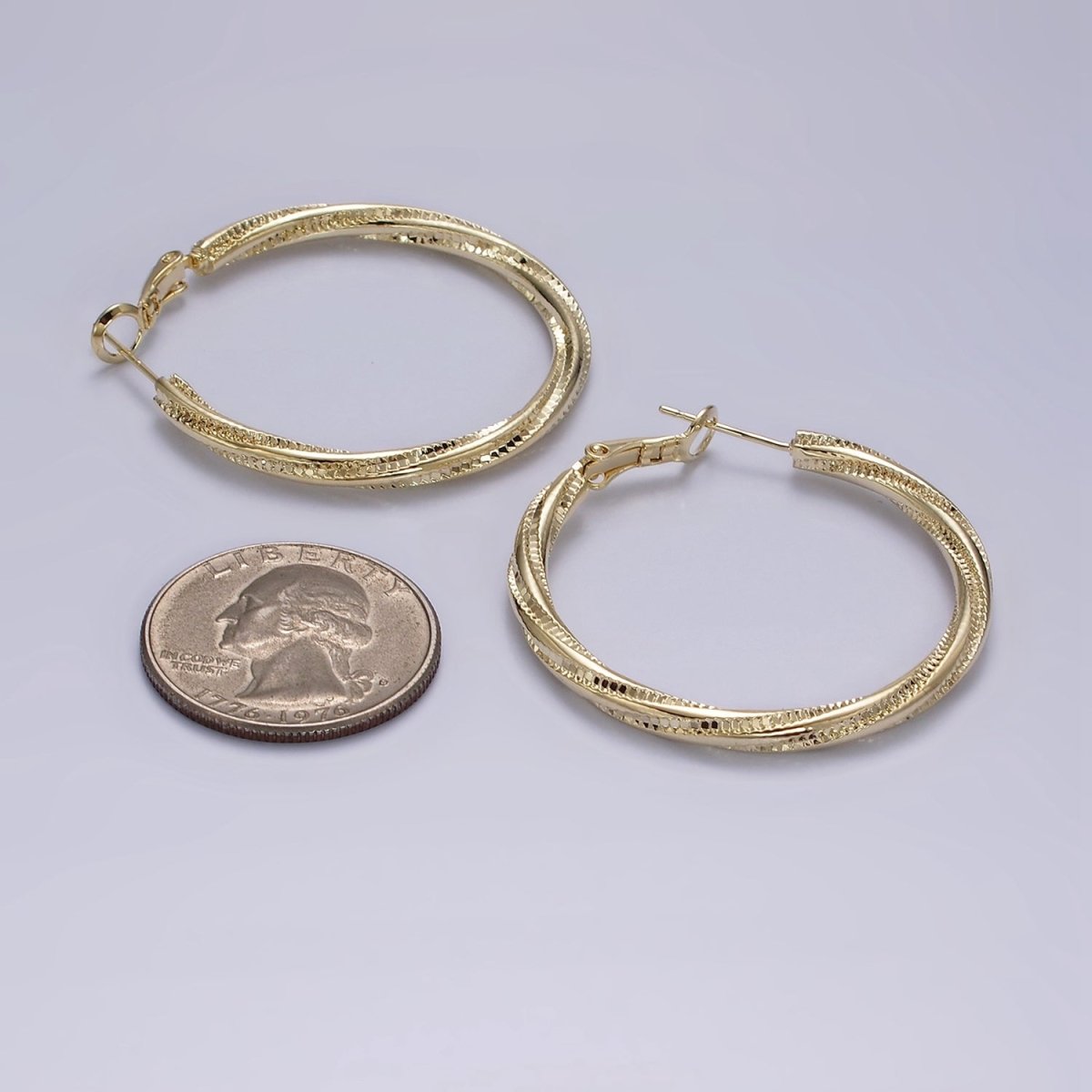 14K Gold Filled 40mm Textured Spiral Hinge Hoop Earrings in Gold & Silver | AE299 AE300 - DLUXCA