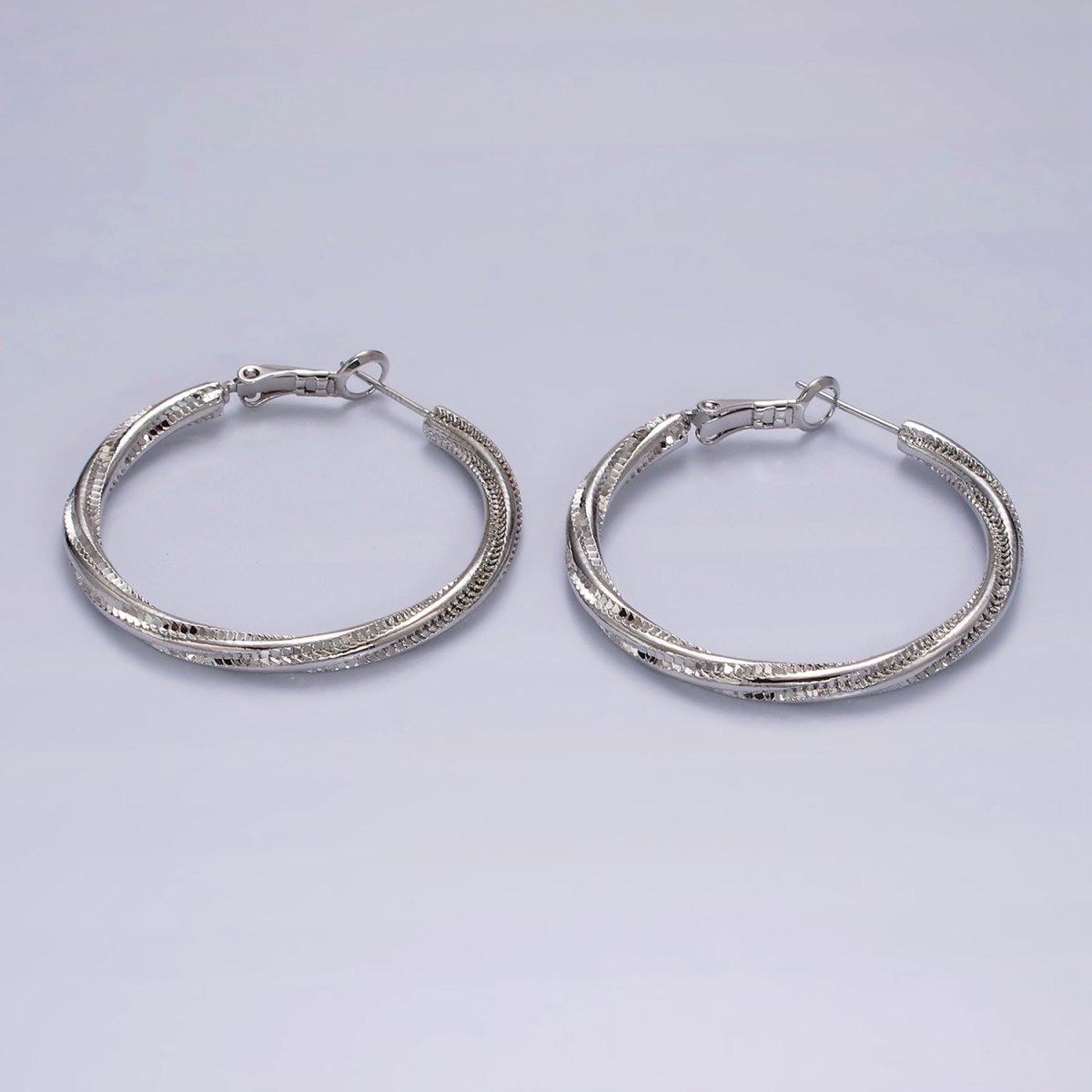 14K Gold Filled 40mm Textured Spiral Hinge Hoop Earrings in Gold & Silver | AE299 AE300 - DLUXCA