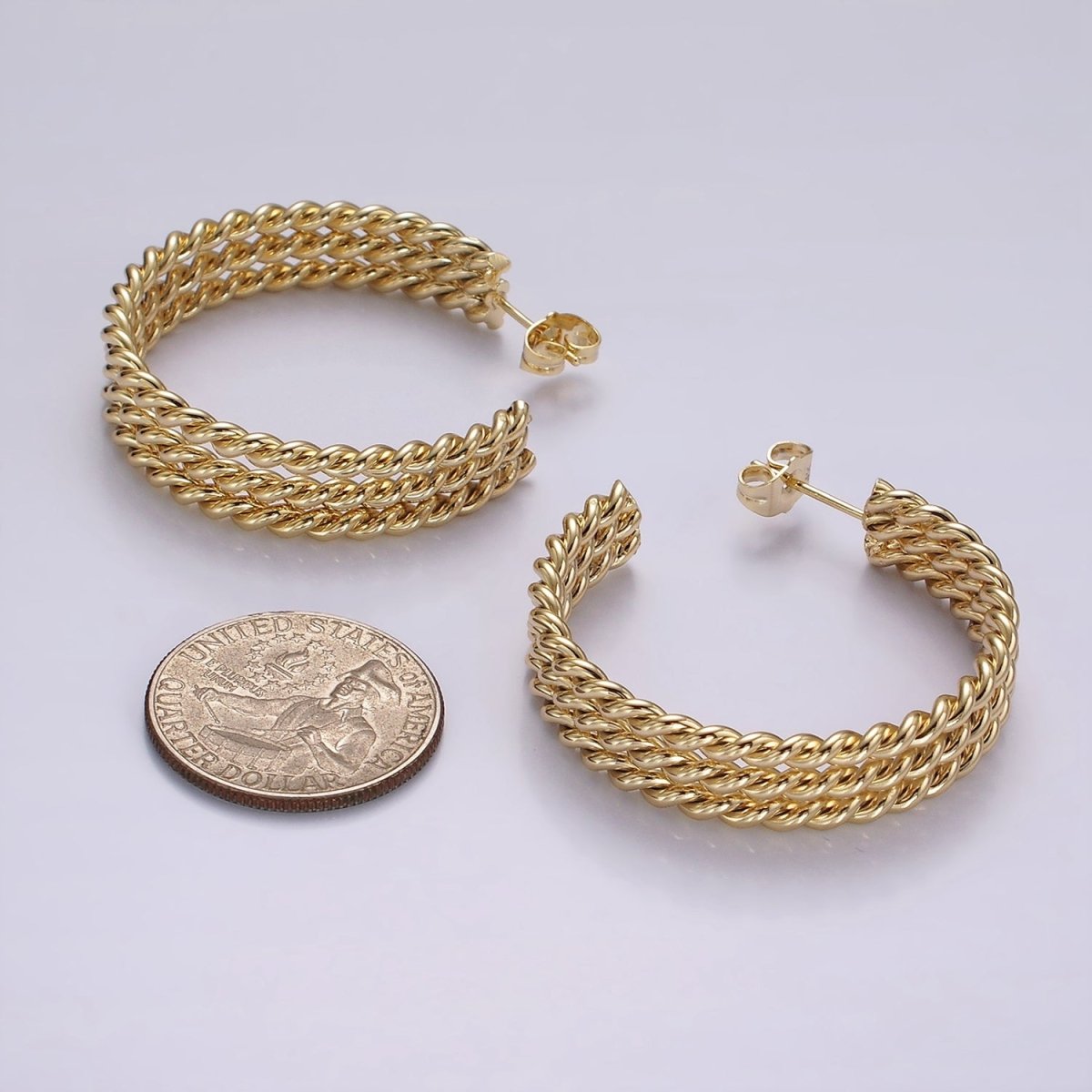 14K Gold Filled 40mm Triple Twisted Croissant Rope C-Shaped Hoop Earrings | AE404 - DLUXCA