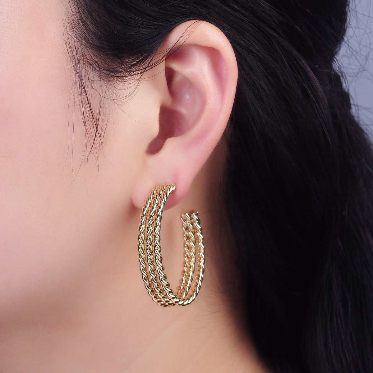 14K Gold Filled 40mm Triple Twisted Croissant Rope C-Shaped Hoop Earrings | AE404 - DLUXCA