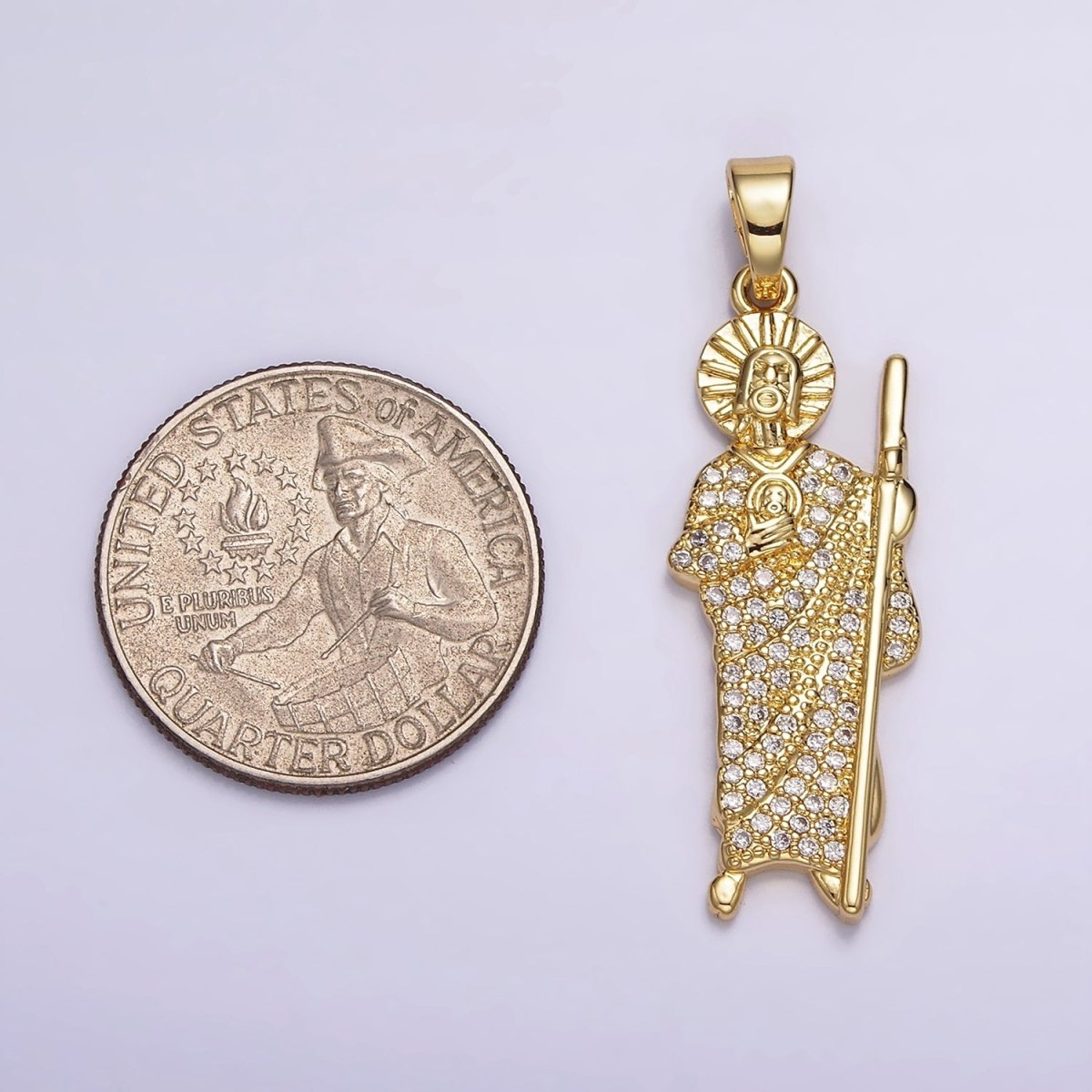 14K Gold Filled 43mm Saint Jude Religious Figure Clear Micro Paved CZ Pendant | N1780 - DLUXCA