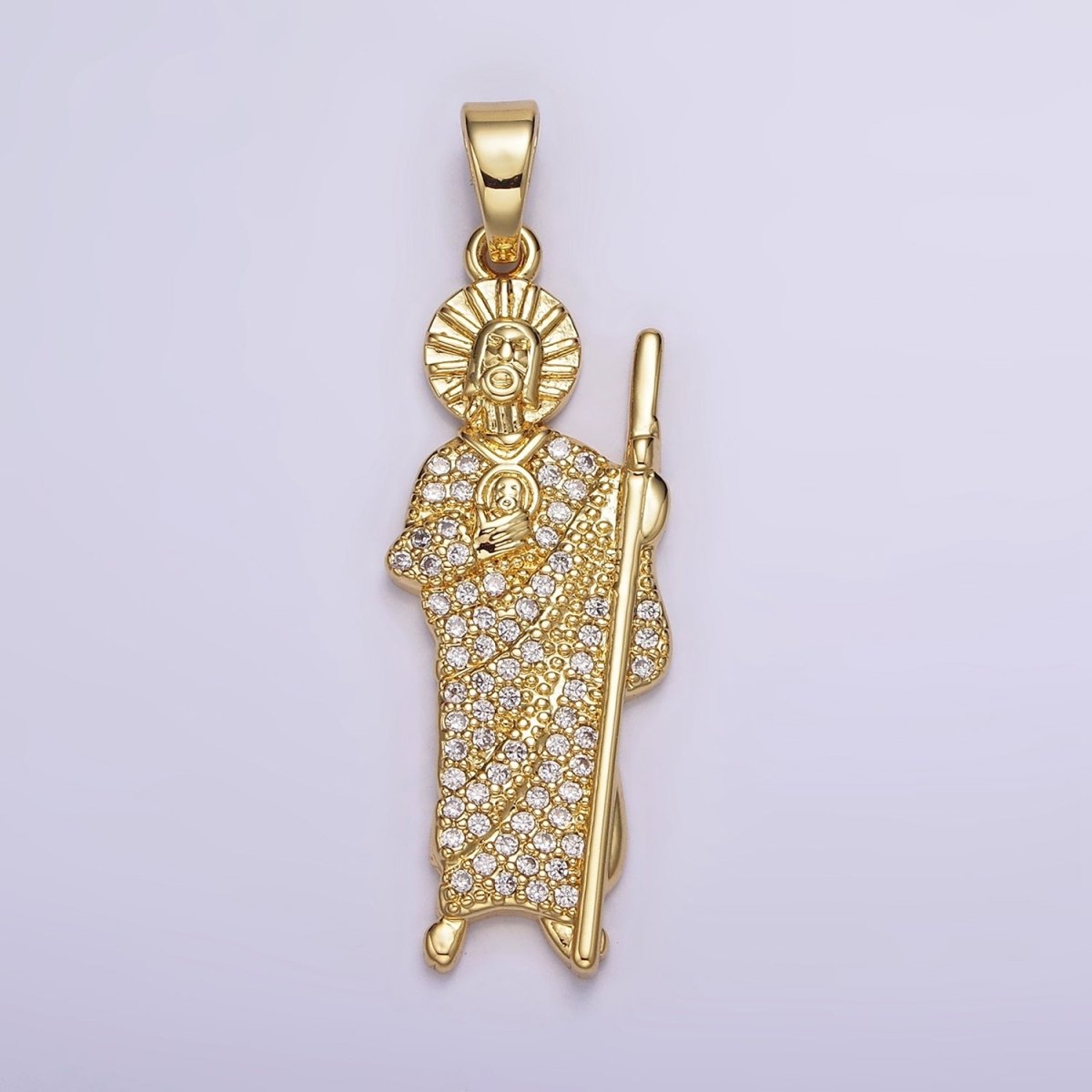 14K Gold Filled 43mm Saint Jude Religious Figure Clear Micro Paved CZ Pendant | N1780 - DLUXCA