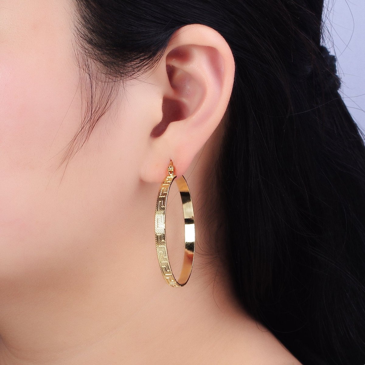 14K Gold Filled 45mm Line-Textured Geometric Hoop Latch Earrings | AE071 - DLUXCA