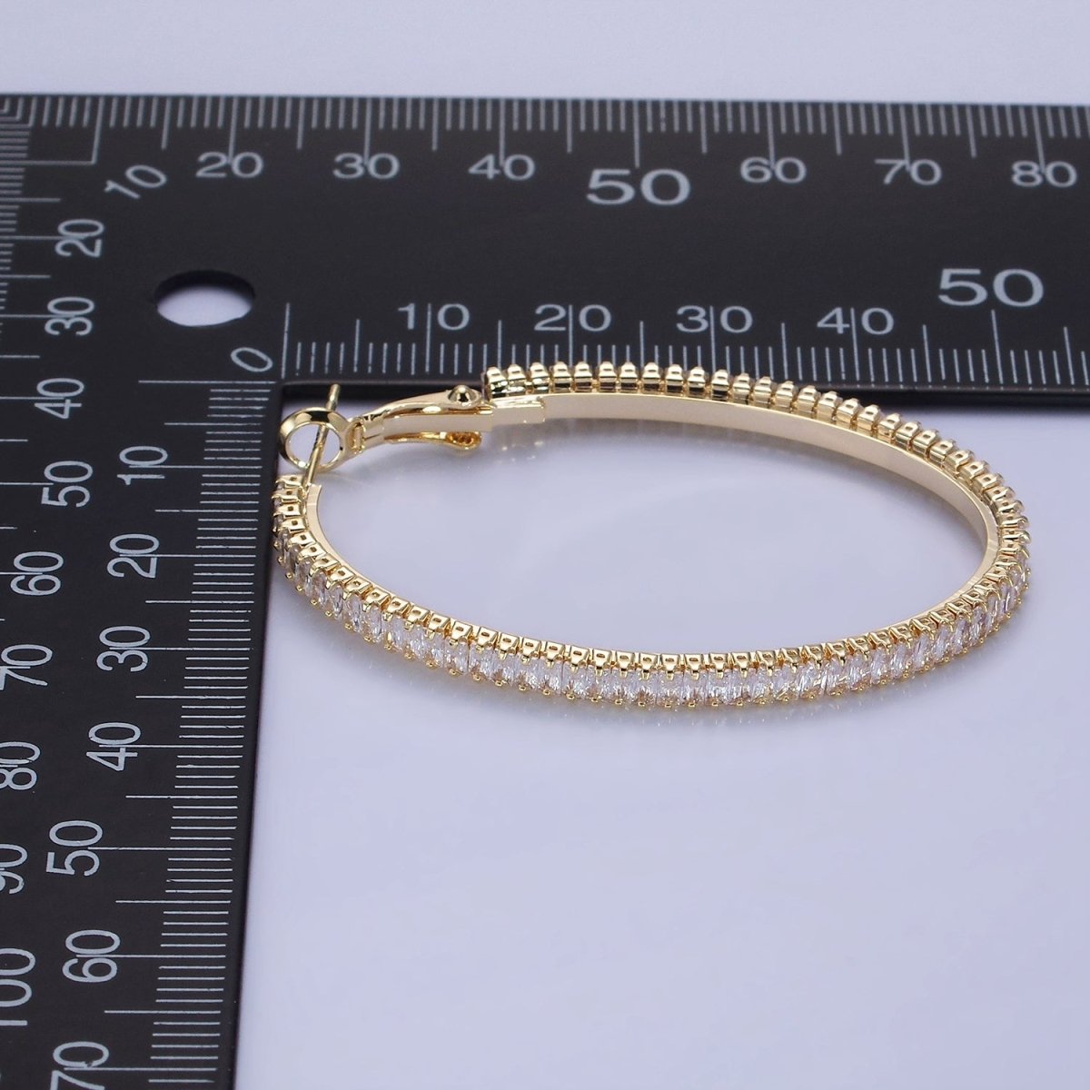 14K Gold Filled 50mm Clear CZ Baguette Tennis Hinge Hoop Earrings in Gold & Silver | AE503 AE504 - DLUXCA