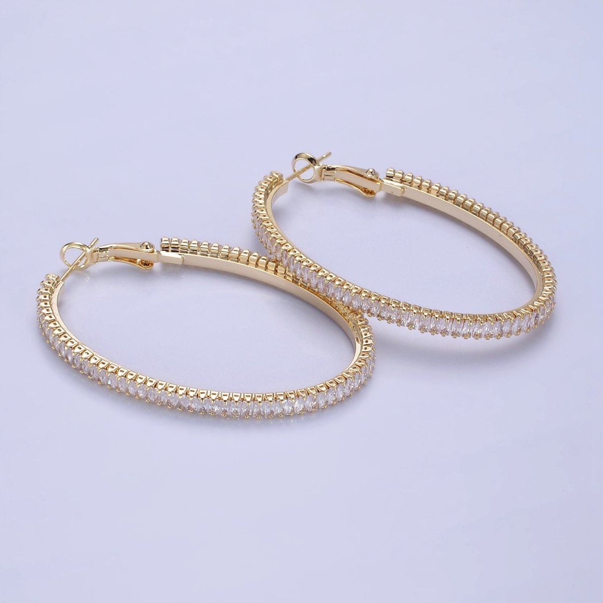 14K Gold Filled 50mm Clear CZ Baguette Tennis Hinge Hoop Earrings in Gold & Silver | AE503 AE504 - DLUXCA