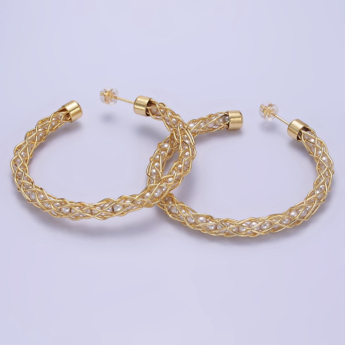 14K Gold Filled 50mm Pearl Lined Wire Intertwined C-Shaped Hoop Earrings | AE518 - DLUXCA