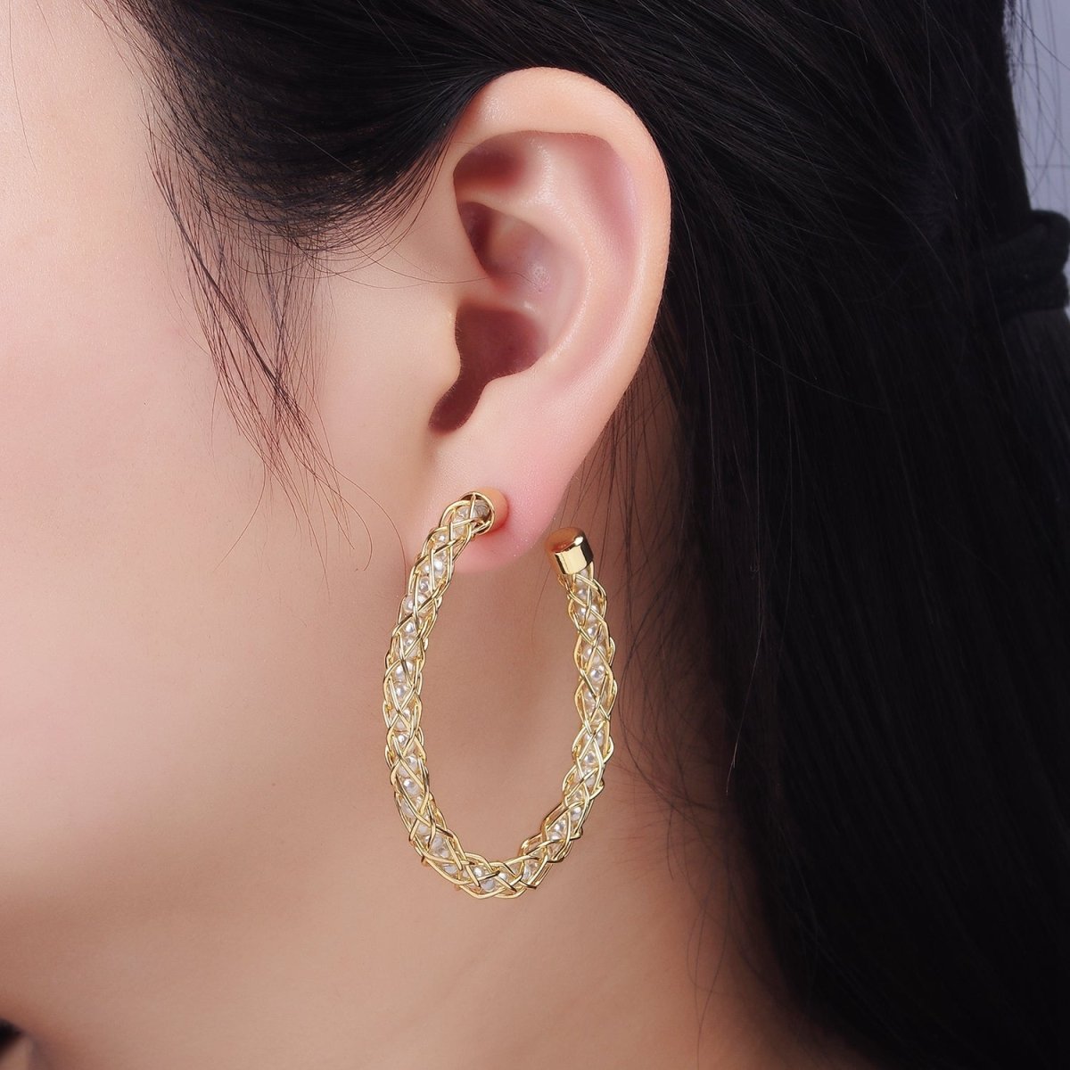14K Gold Filled 50mm Pearl Lined Wire Intertwined C-Shaped Hoop Earrings | AE518 - DLUXCA