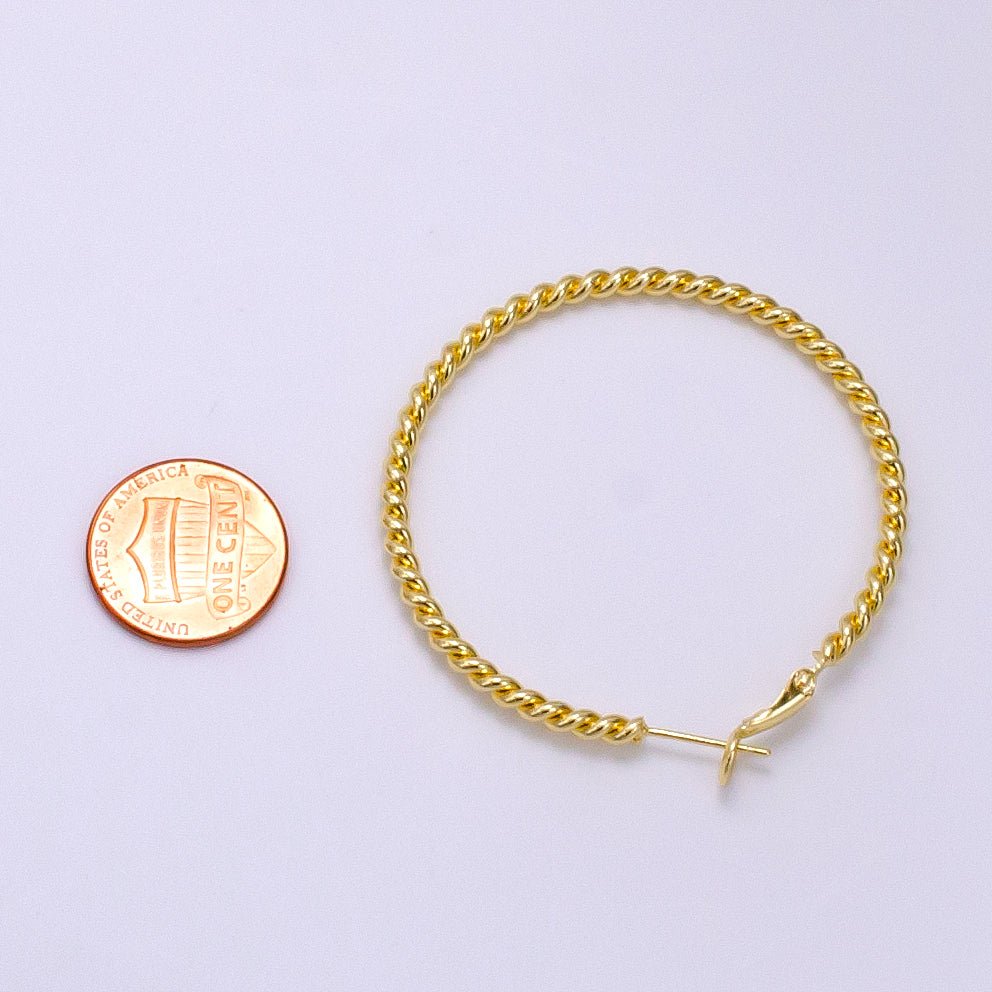 14K Gold Filled 50mm Rope Twist Hinge Minimalist Hoop Earrings | AE532 - DLUXCA