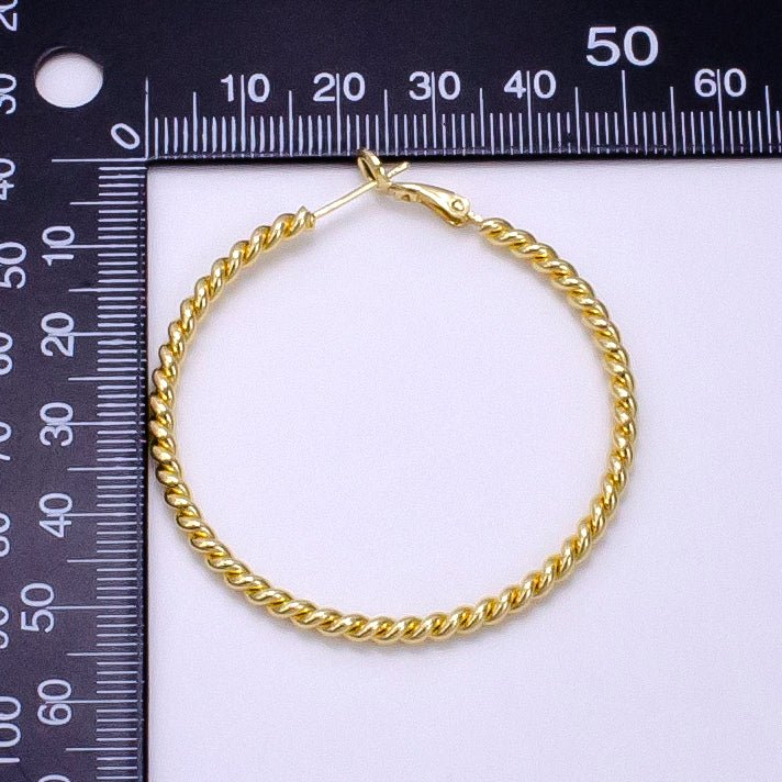 14K Gold Filled 50mm Rope Twist Hinge Minimalist Hoop Earrings | AE532 - DLUXCA