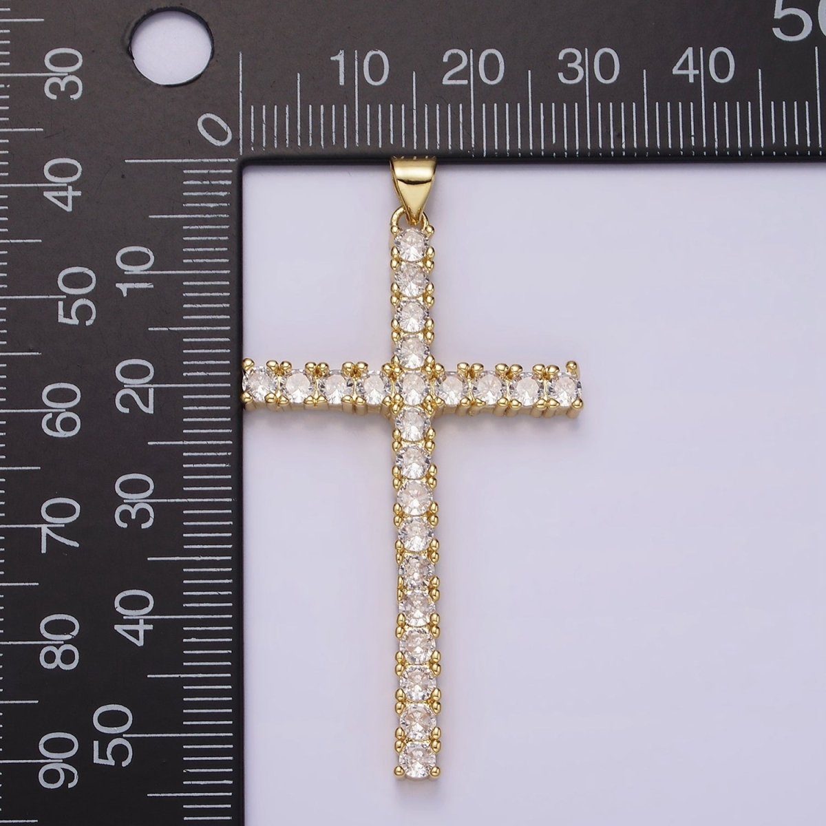 14K Gold Filled 54mm Clear Micro Paved CZ Lined Long Latin Cross Religious Pendant | N1303 - DLUXCA