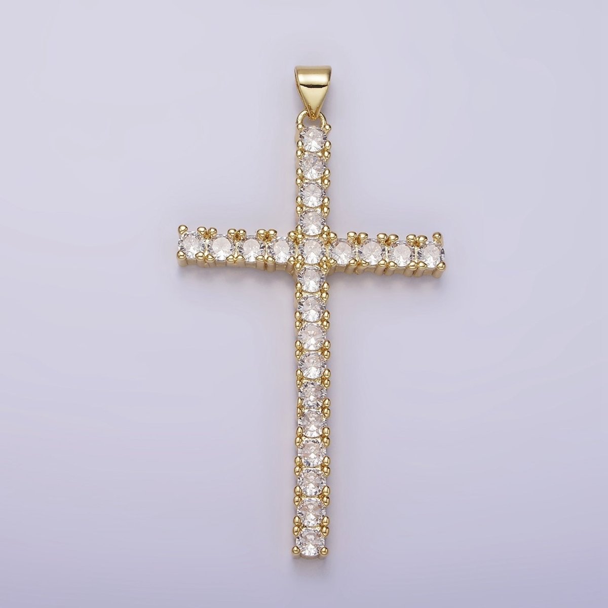 14K Gold Filled 54mm Clear Micro Paved CZ Lined Long Latin Cross Religious Pendant | N1303 - DLUXCA