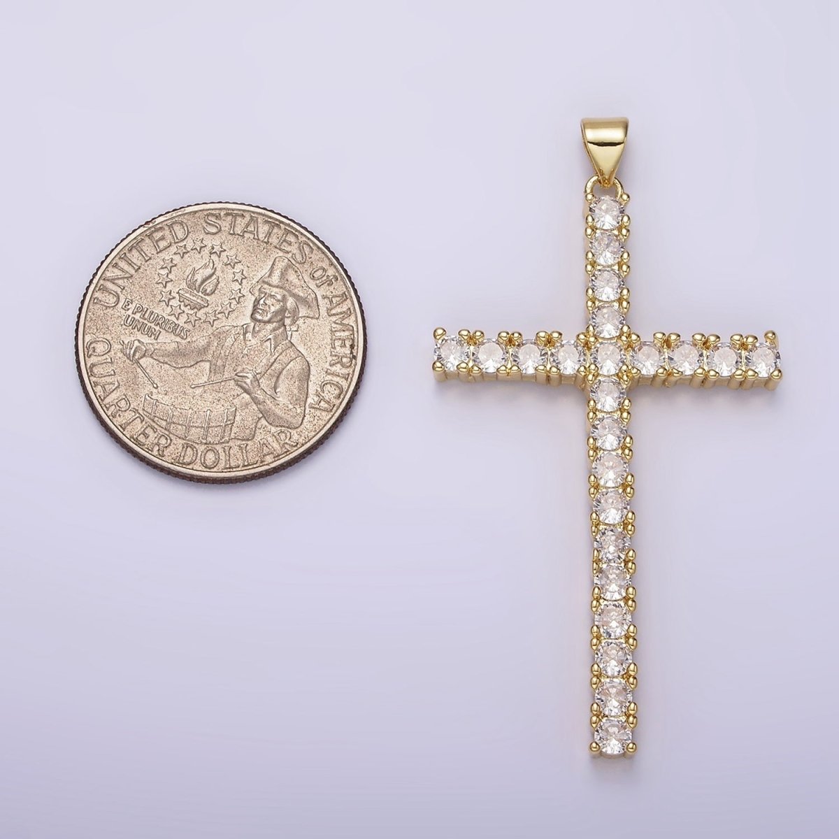 14K Gold Filled 54mm Clear Micro Paved CZ Lined Long Latin Cross Religious Pendant | N1303 - DLUXCA