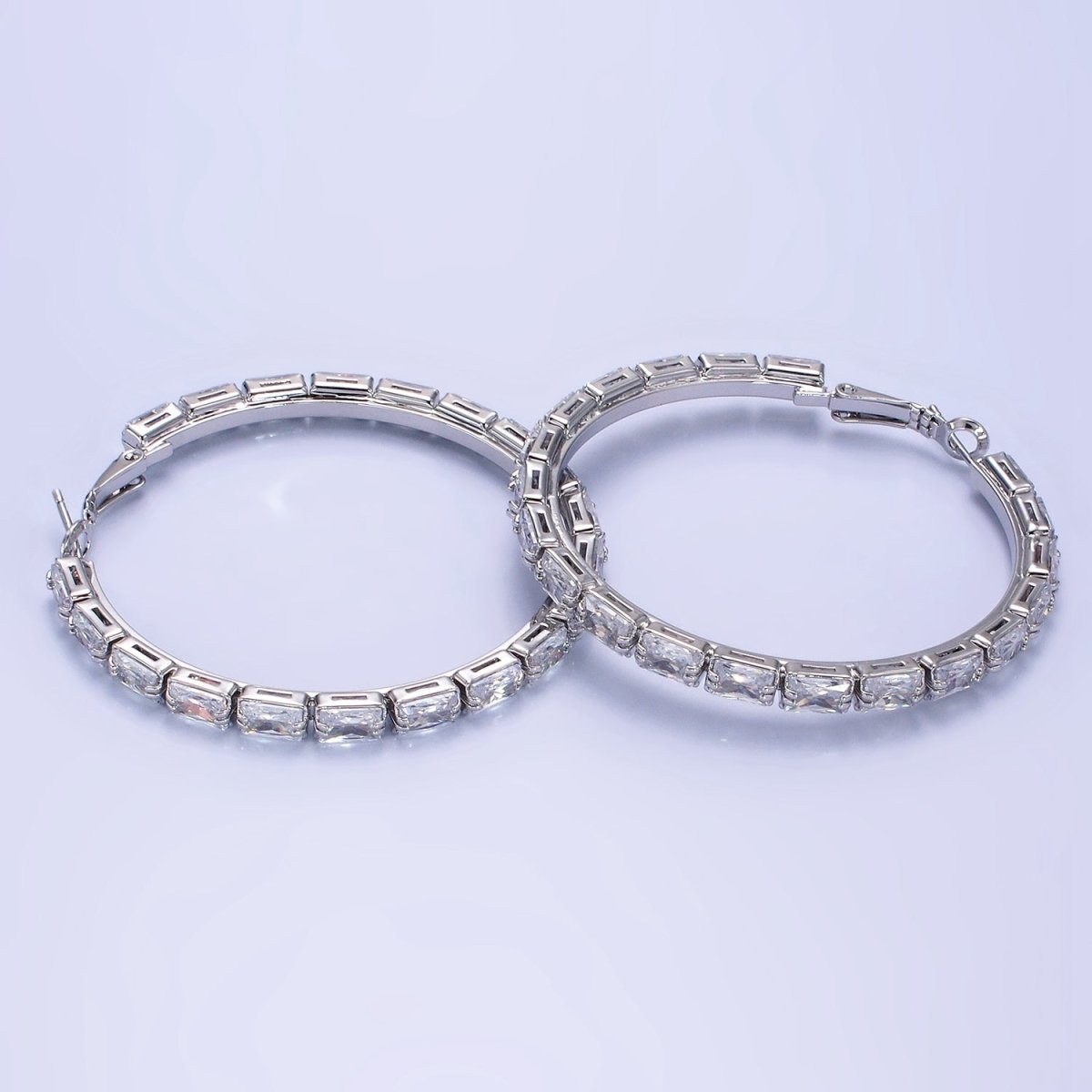 14K Gold Filled 55mm Clear CZ Baguette Hinge Hoop Earrings in Gold & Silver | AE493 AE494 - DLUXCA