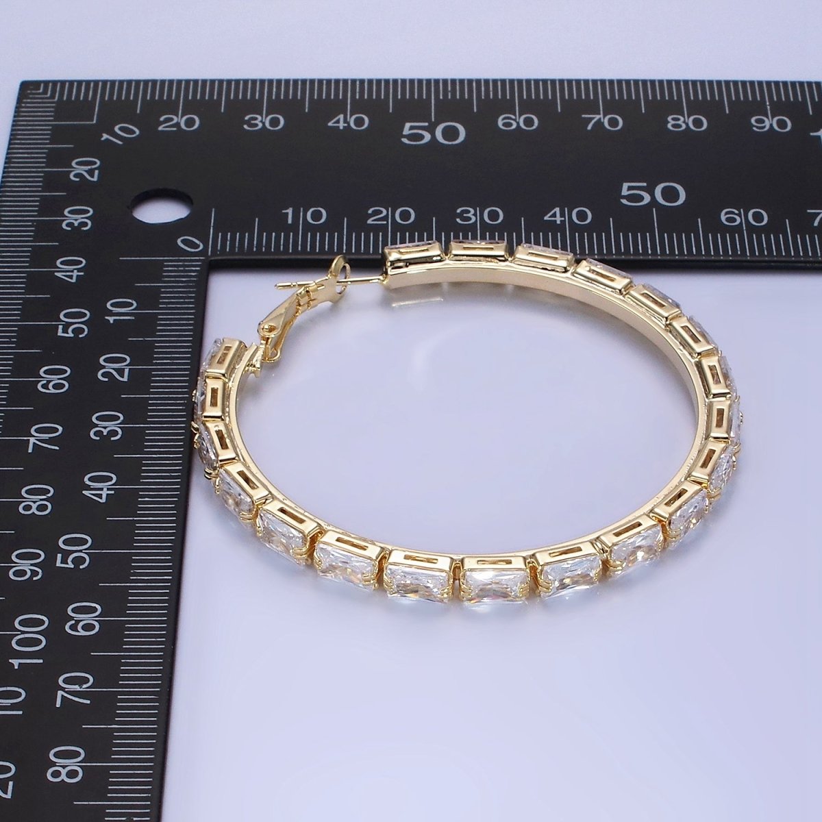 14K Gold Filled 55mm Clear CZ Baguette Hinge Hoop Earrings in Gold & Silver | AE493 AE494 - DLUXCA