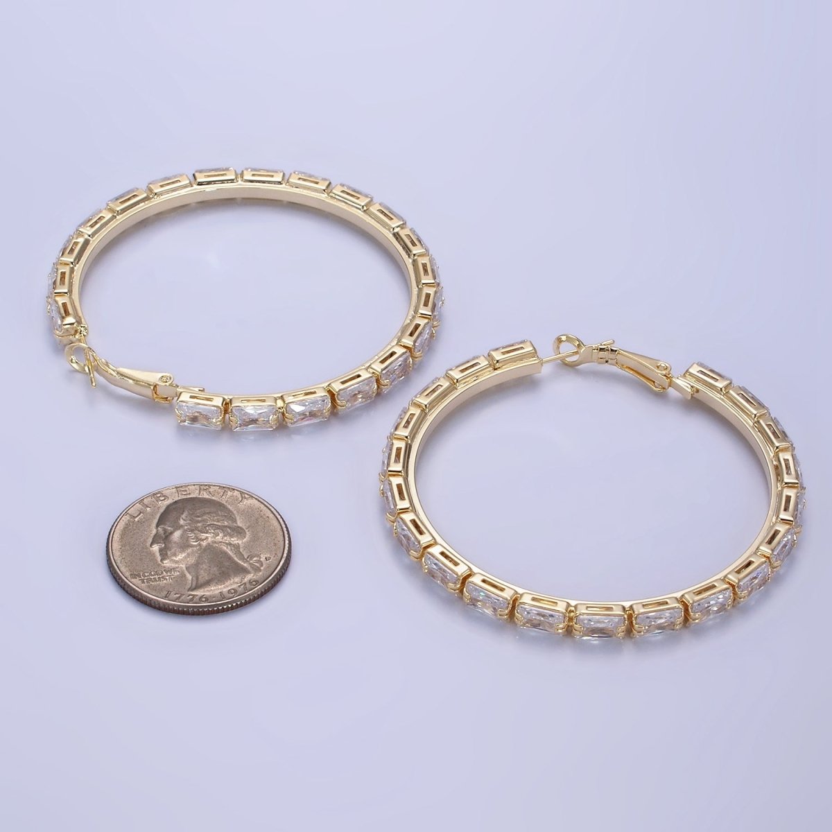 14K Gold Filled 55mm Clear CZ Baguette Hinge Hoop Earrings in Gold & Silver | AE493 AE494 - DLUXCA