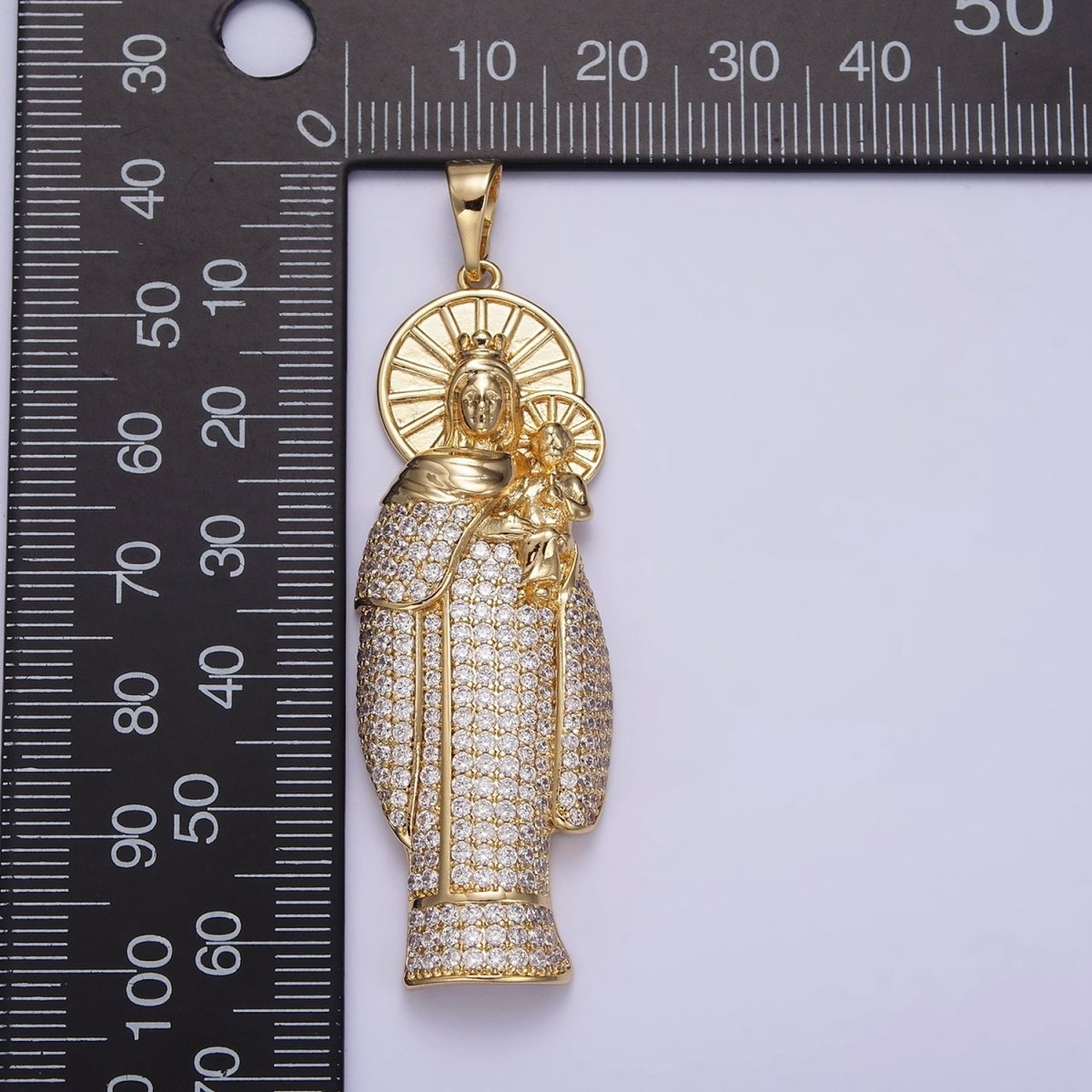 14K Gold Filled 65mm Double Sunburst Lady Guadalupe Clear Micro Paved Pendant | AA648 - DLUXCA