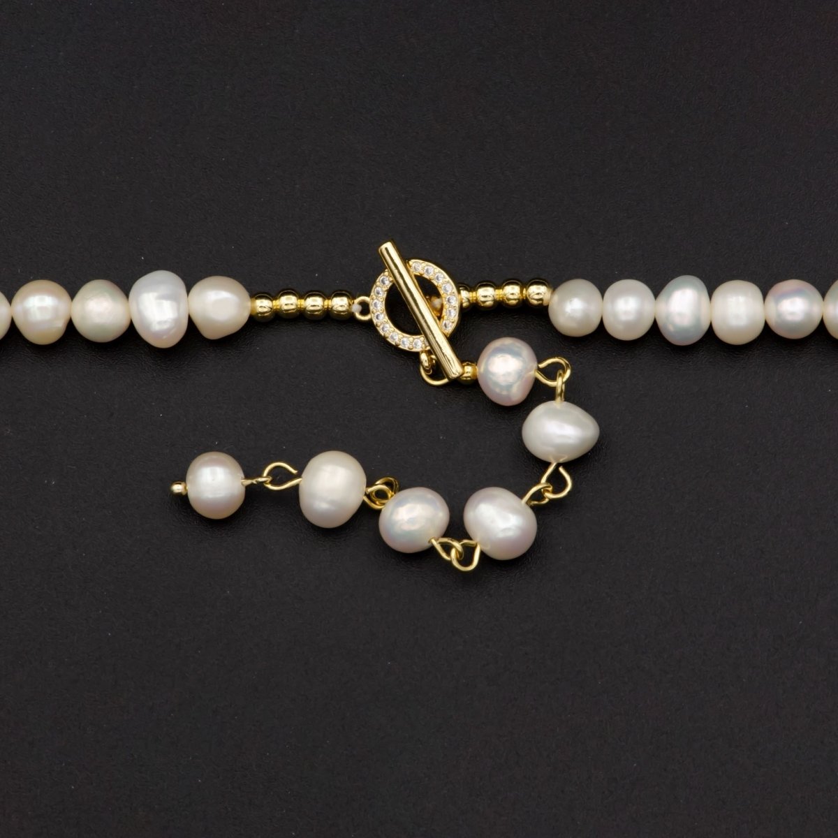 14K Gold Filled 6.5mm Round Freshwater Pearl Beaded Toggle Clasps w. Extender | WA-334 Clearance Pricing - DLUXCA