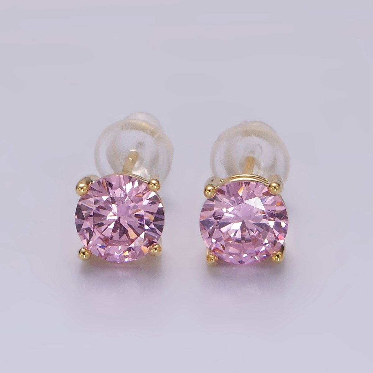 14K Gold Filled 6mm Clear, Pink, Blue, Green CZ Round Stud Earrings in Gold & Silver | V342 - V353 - DLUXCA