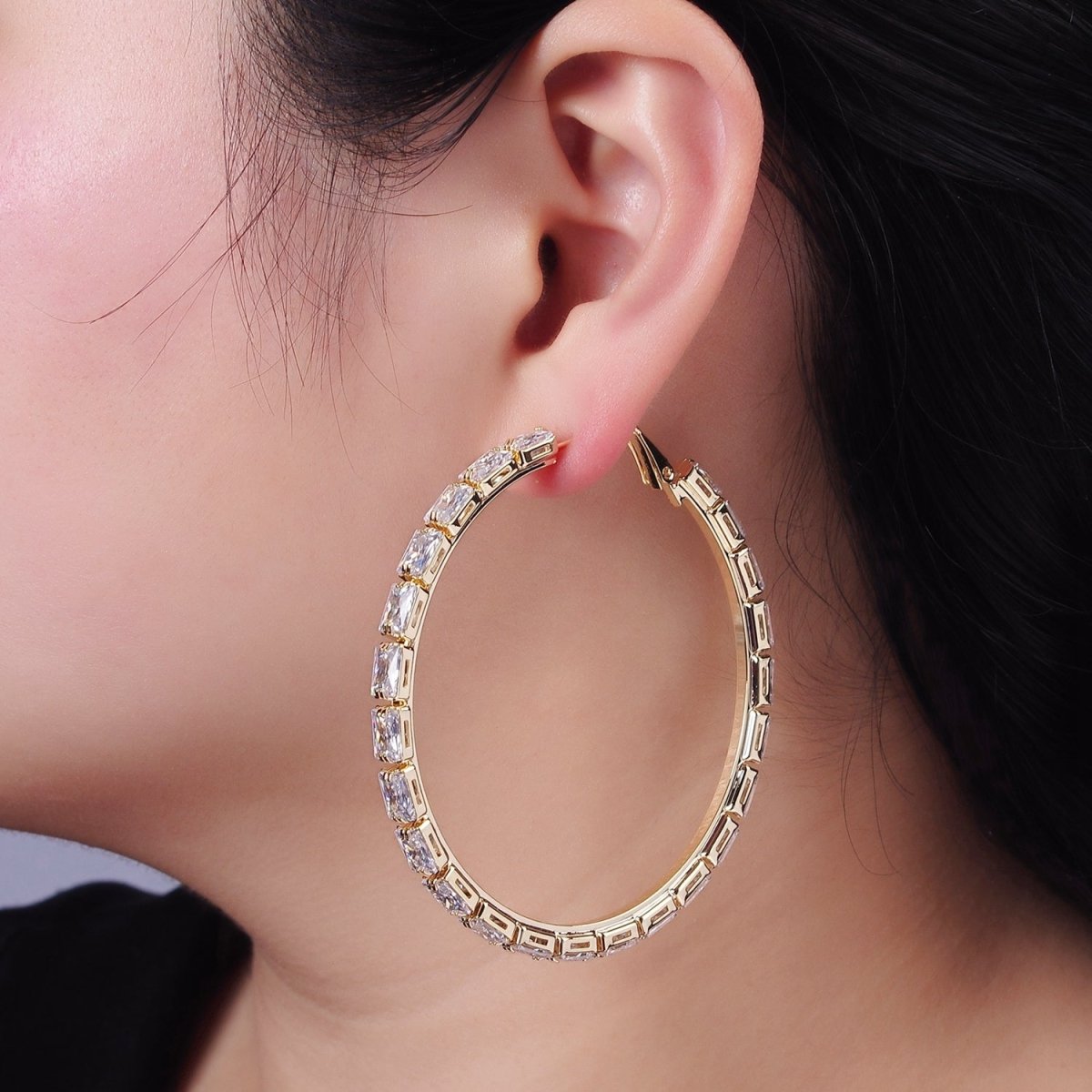 14K Gold Filled 70mm Clear CZ Baguette Lined Hinge Hoop Earrings in Gold & Silver | AE511 AE512 - DLUXCA
