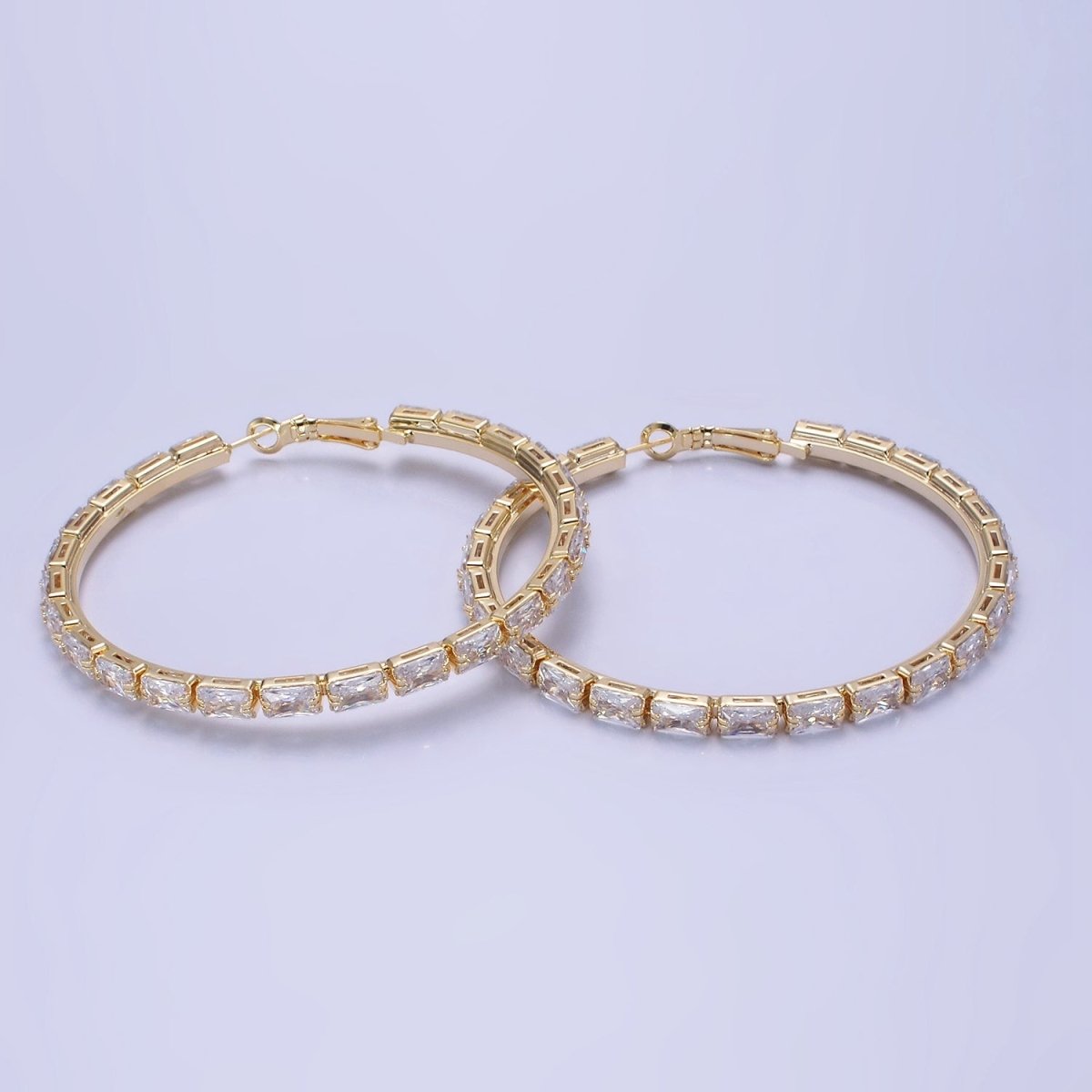14K Gold Filled 70mm Clear CZ Baguette Lined Hinge Hoop Earrings in Gold & Silver | AE511 AE512 - DLUXCA