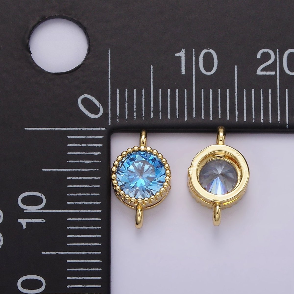 14K Gold Filled 7mm Blue, Baby Blue CZ Round Bezel Connector | G178 G179 - DLUXCA