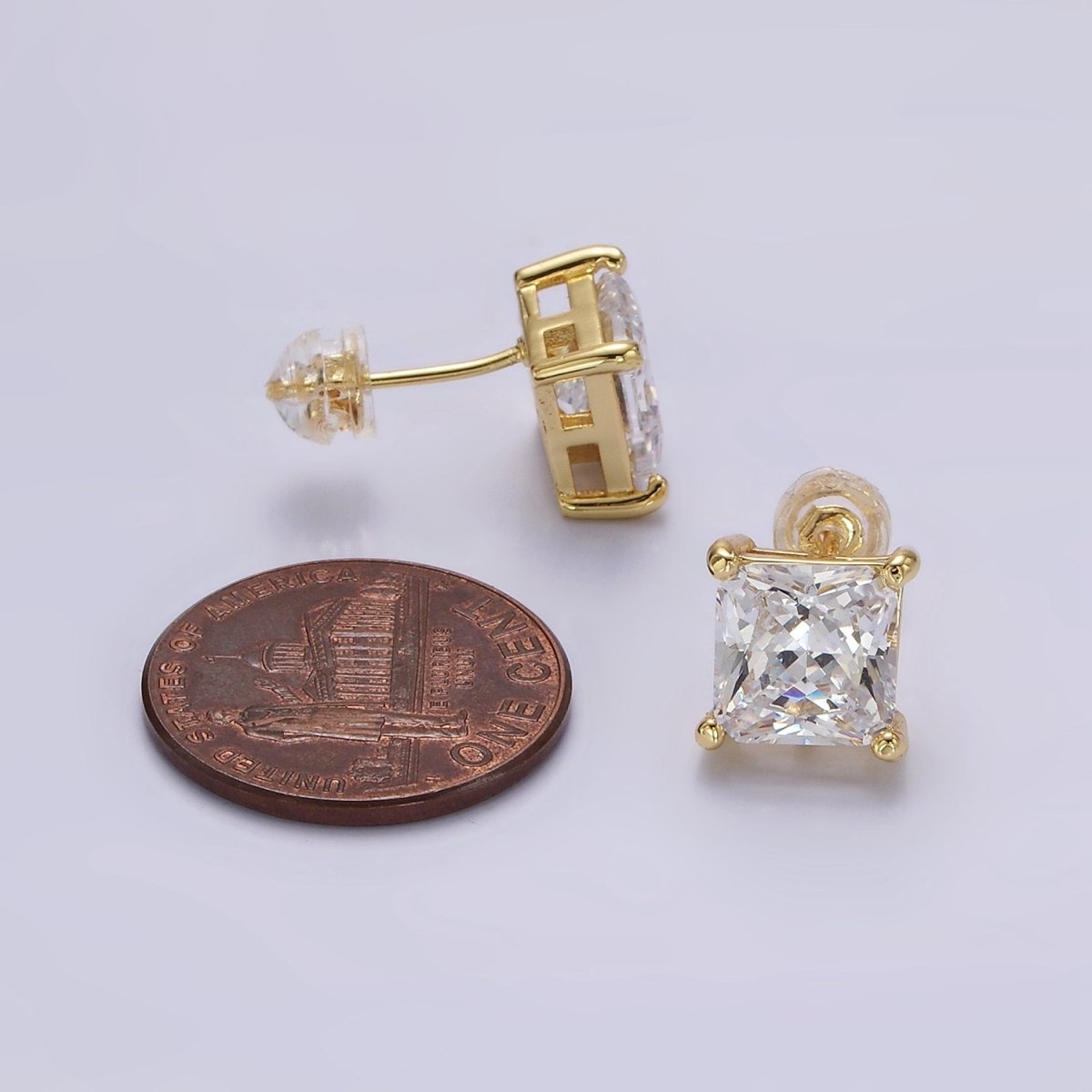 14K Gold Filled 8mm, 6mm Clear CZ Square Bezel Stud Earrings | AE763 AE764 - DLUXCA