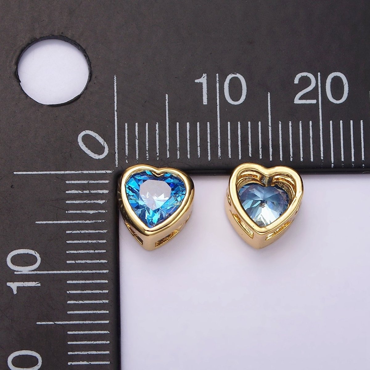 14K Gold Filled 8mm Baby Blue, Blue CZ Heart Bezel Bead | B-845 B-846 - DLUXCA