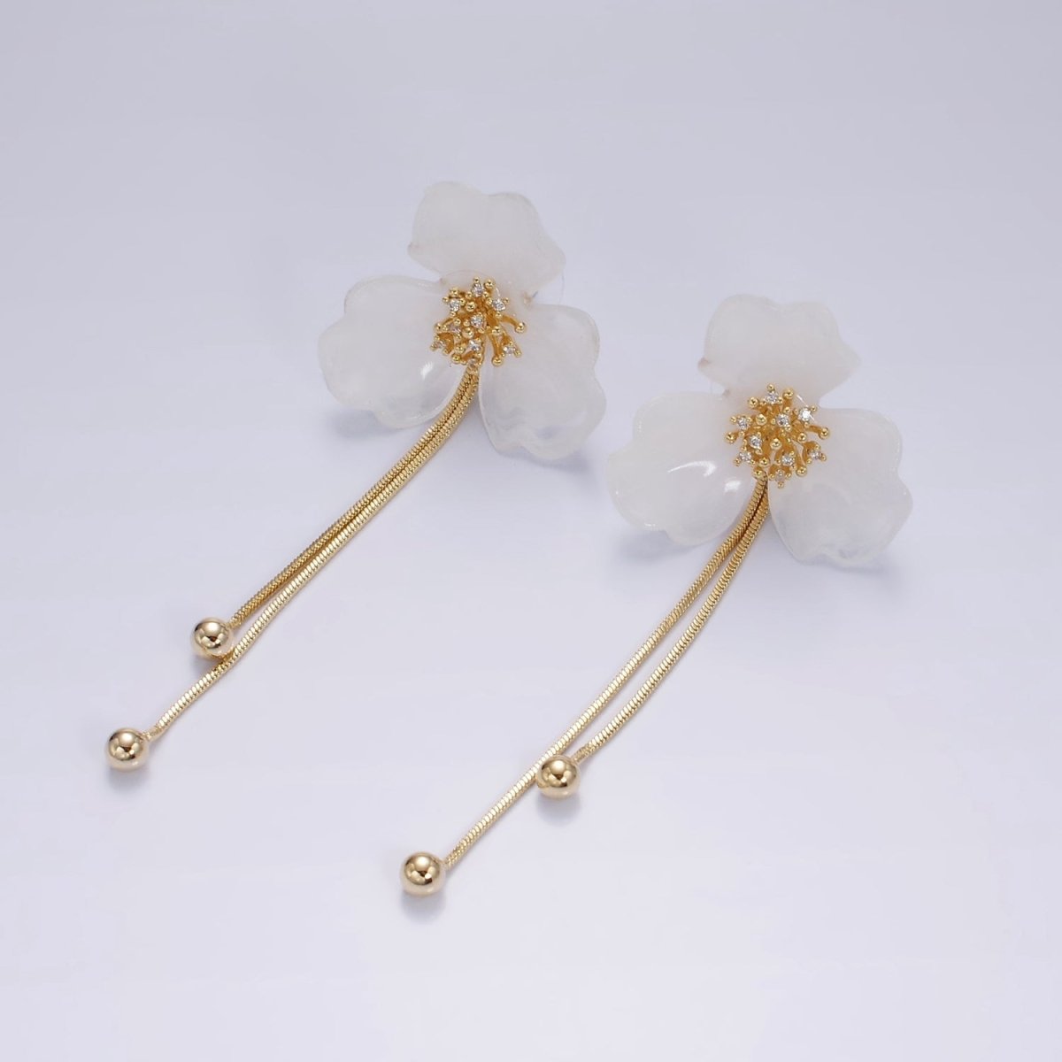 14K Gold Filled Acrylic Flower CZ Double Snake Chain Bead Drop Stud Earrings | AE313 - DLUXCA