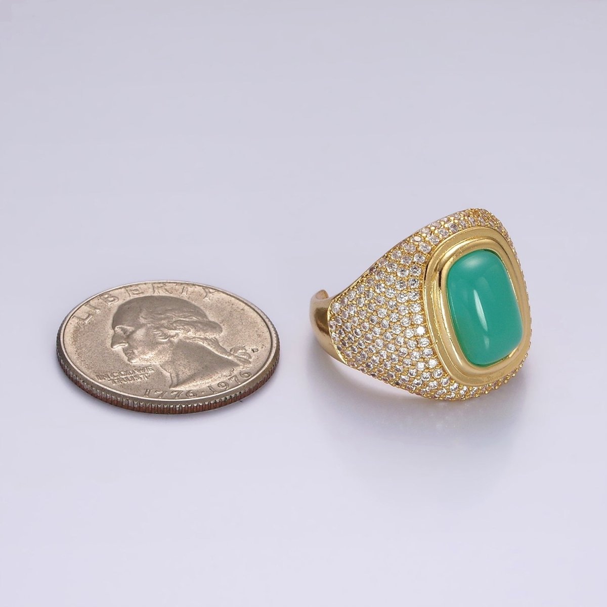 14K Gold Filled Amazonite Gemstone Clear Micro Paved CZ Wide Signet Ring | O1095 - DLUXCA