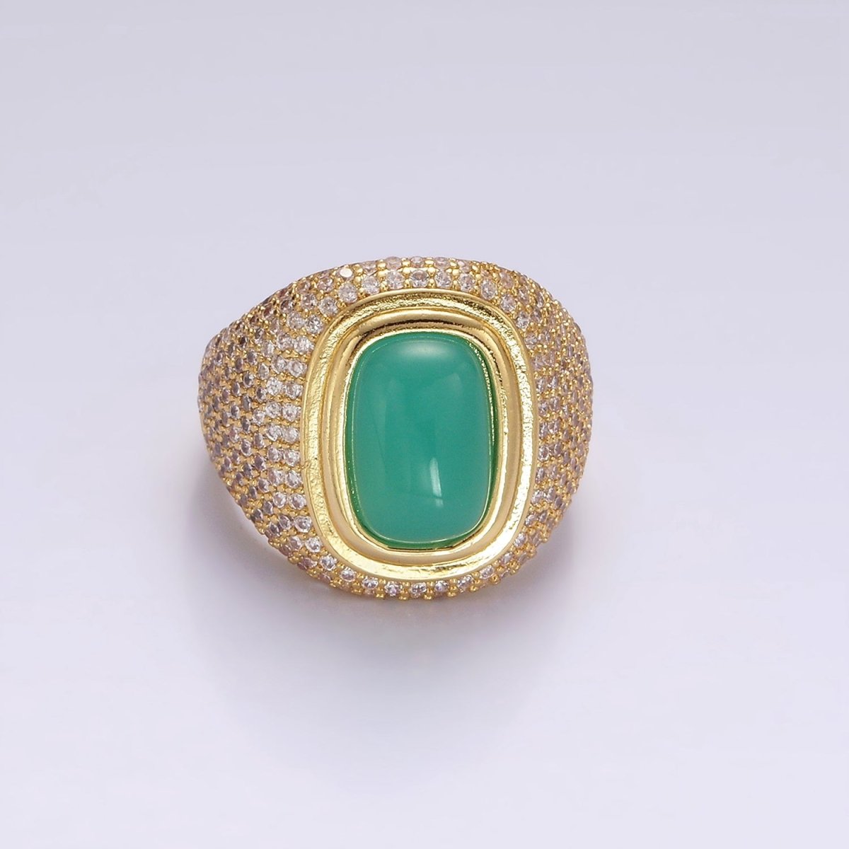 14K Gold Filled Amazonite Gemstone Clear Micro Paved CZ Wide Signet Ring | O1095 - DLUXCA