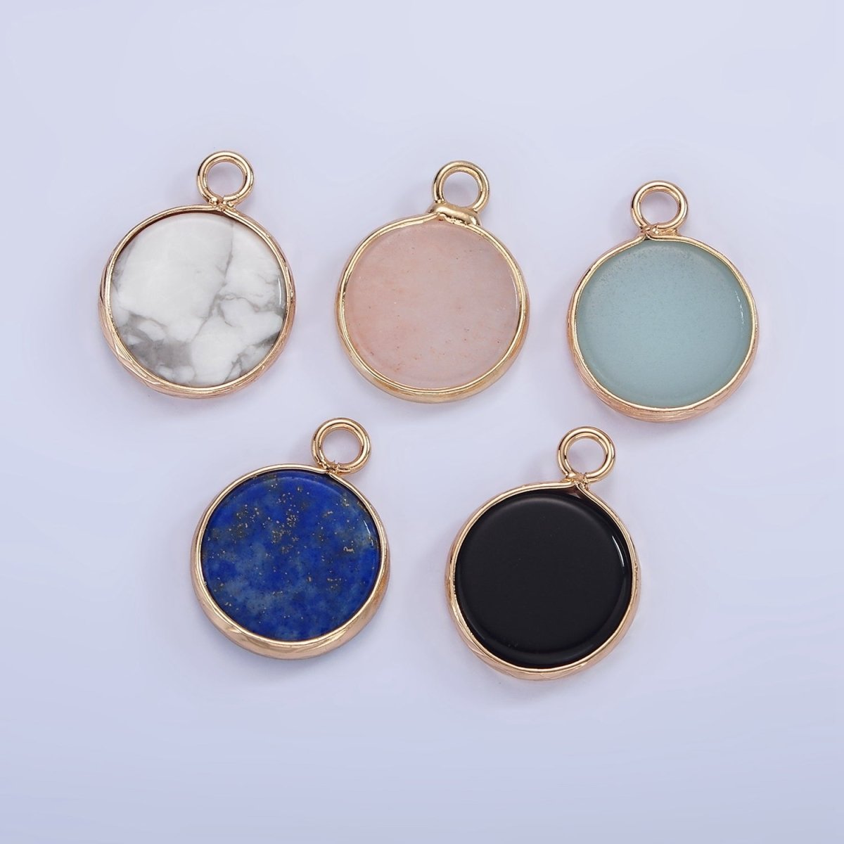 14K Gold Filled Amazonite, Pink Quartz, Onyx, Howlite, Blue Lapis Round Bezel Charm | N1691 - N1695 - DLUXCA