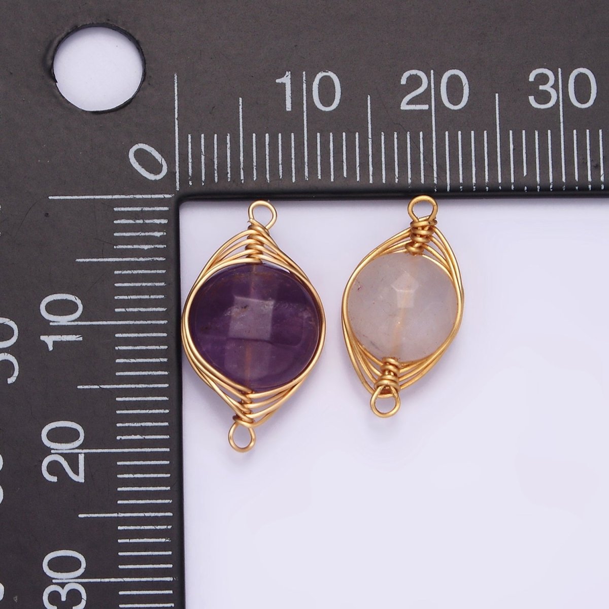 14K Gold Filled Amethyst, Clear Quartz Multifaceted Round Wire Wrapped Connector | G-052 G-053 - DLUXCA