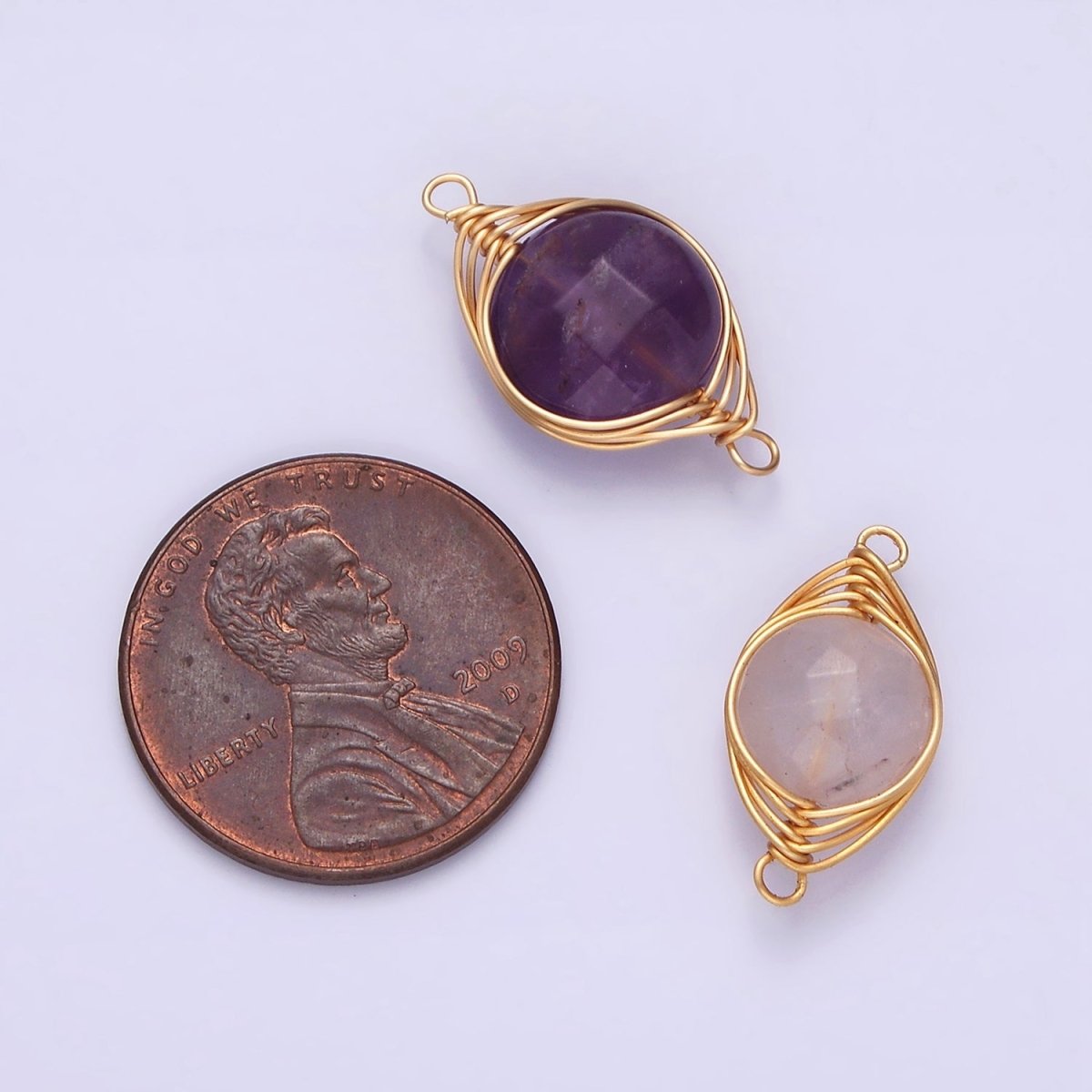 14K Gold Filled Amethyst, Clear Quartz Multifaceted Round Wire Wrapped Connector | G-052 G-053 - DLUXCA