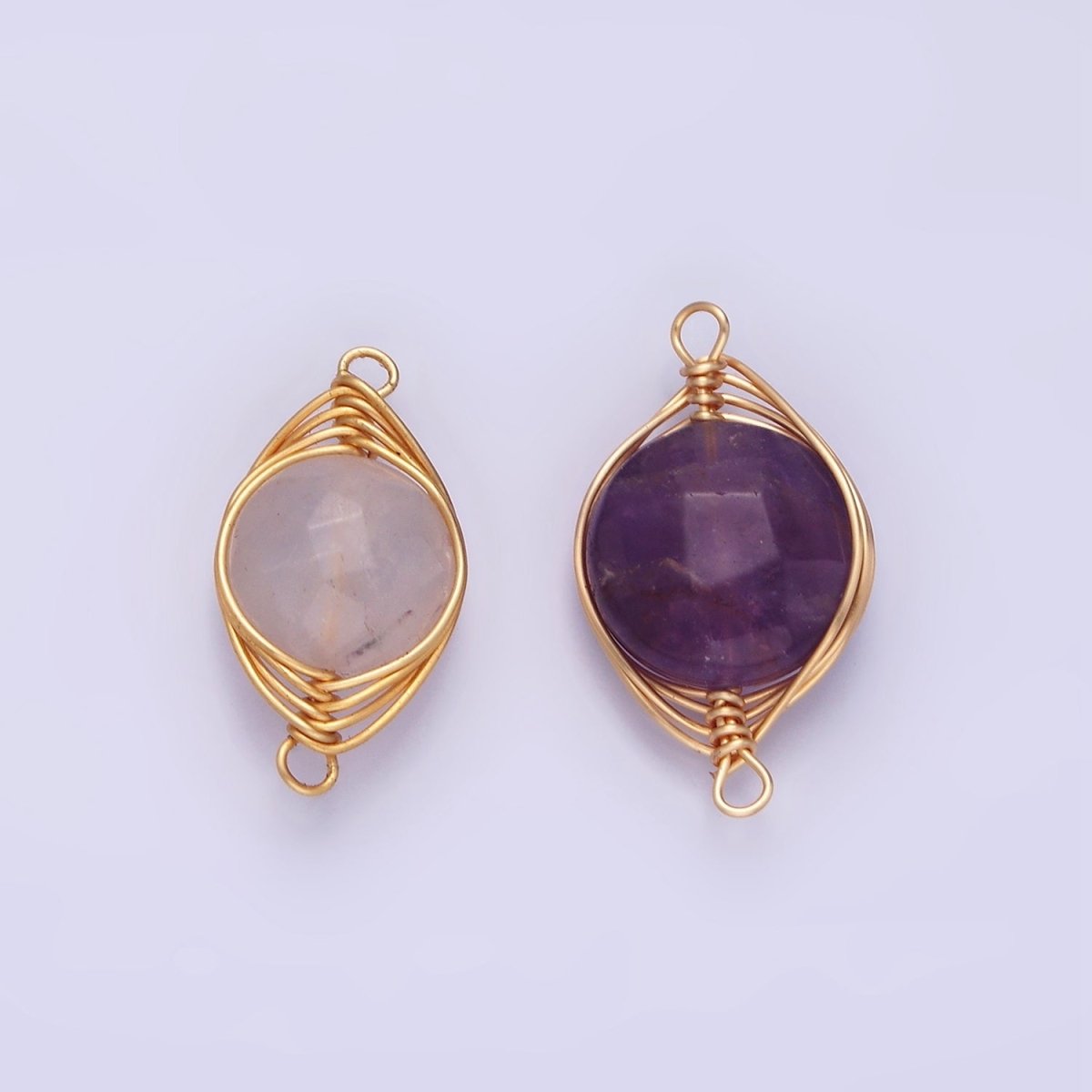 14K Gold Filled Amethyst, Clear Quartz Multifaceted Round Wire Wrapped Connector | G-052 G-053 - DLUXCA