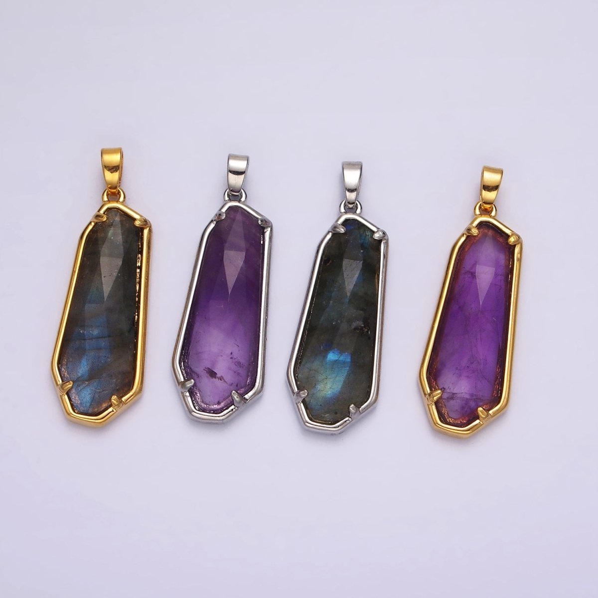 14K Gold Filled Amethyst, Labradorite Multifaceted Geometric Bezel Pendant in Gold & Silver | AH038 - AH041 - DLUXCA