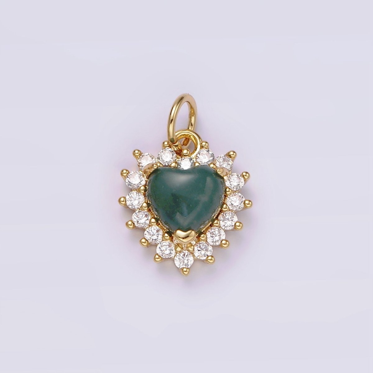 14K Gold Filled Amethyst, Moss Agate Heart CZ Lined Charm | AG486 AG487 - DLUXCA