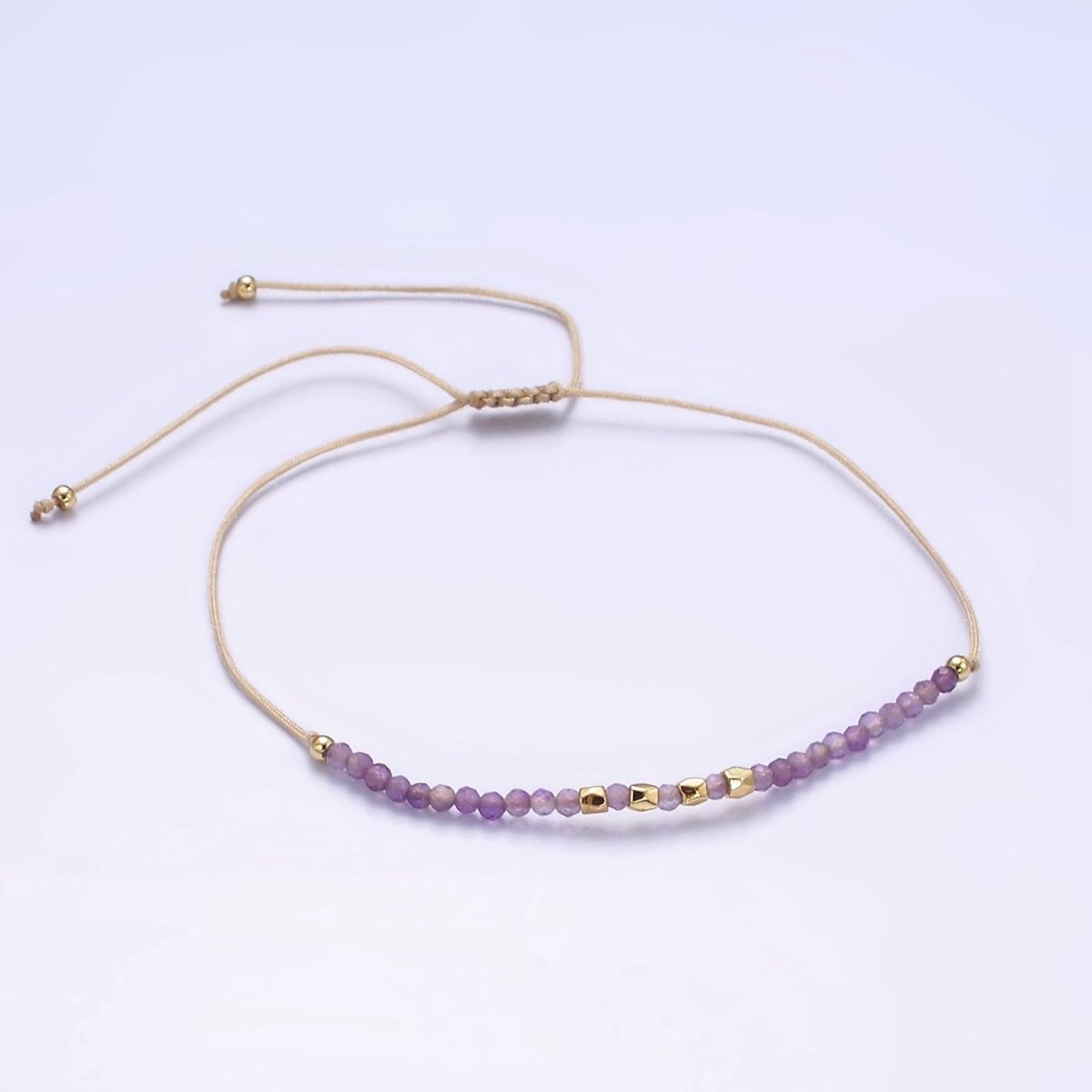 14K Gold Filled Amethyst Multifaceted Beige Rope Adjustable Friendship Bracelet | WA-2187 - WA-2189 Clearance Pricing - DLUXCA
