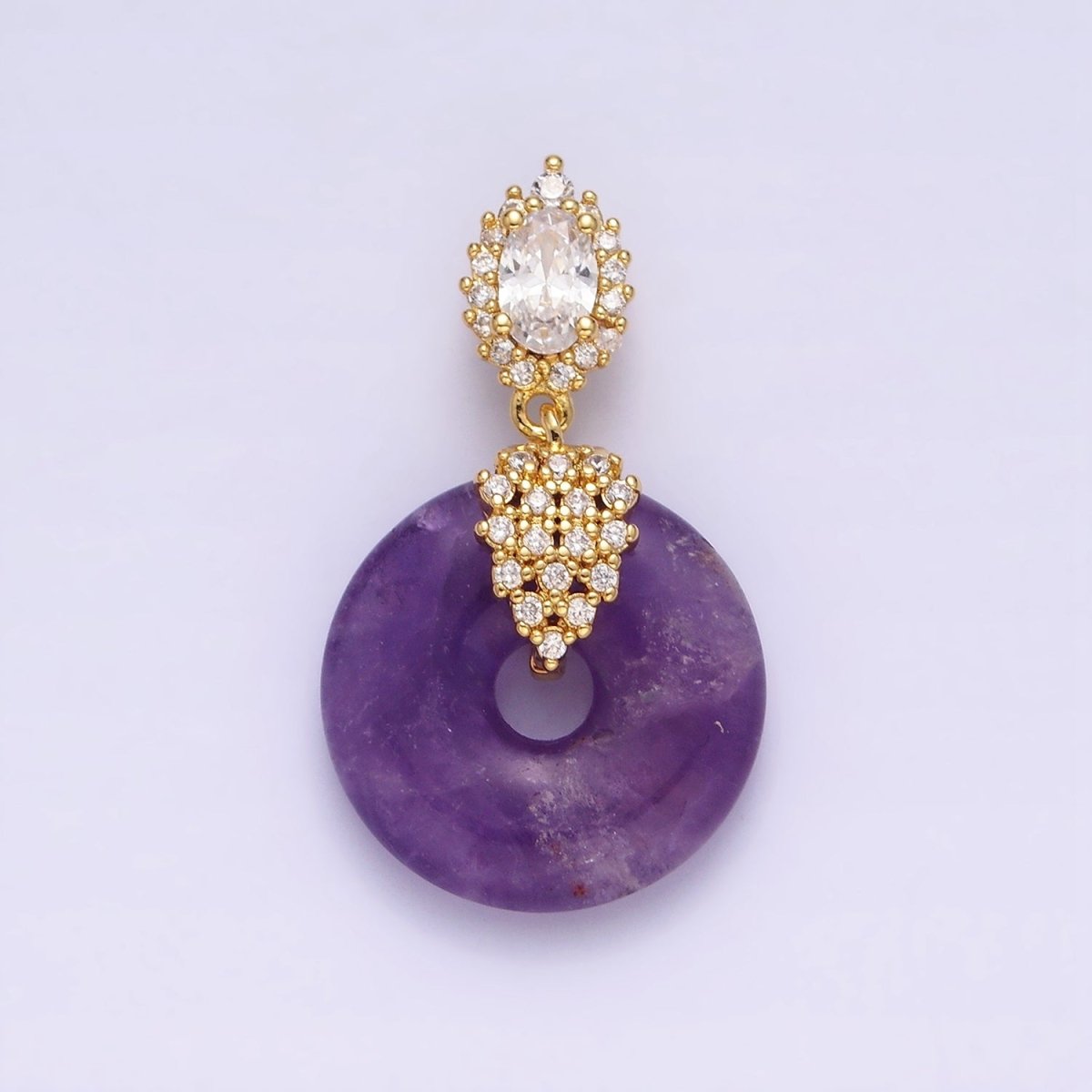 14K Gold Filled Amethyst Natural Gemstone Donut Micro Paved CZ Oval Artisan Bail Pendant | AA541 - DLUXCA