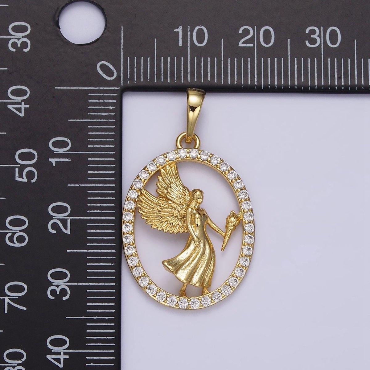 14K Gold Filled Angel Feather Torch Open Micro Paved CZ Oval Pendant | AA652 - DLUXCA