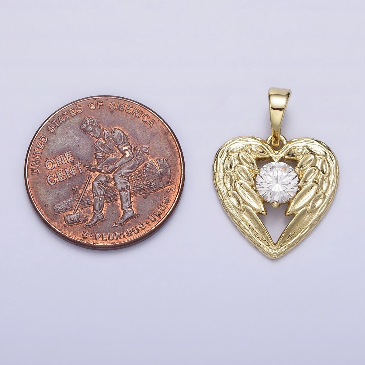 14k Gold Filled Angel wings Charm Memorial Heart wings Pendant with Cubic Zirconia Stone AA296 - DLUXCA