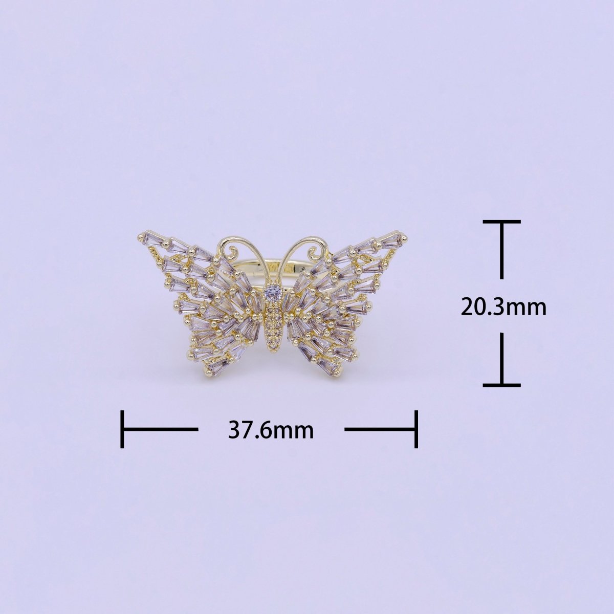 14K Gold Filled Antenna Butterfly Clear Triangle CZ Wings Adjustable Ring | O-007 - DLUXCA