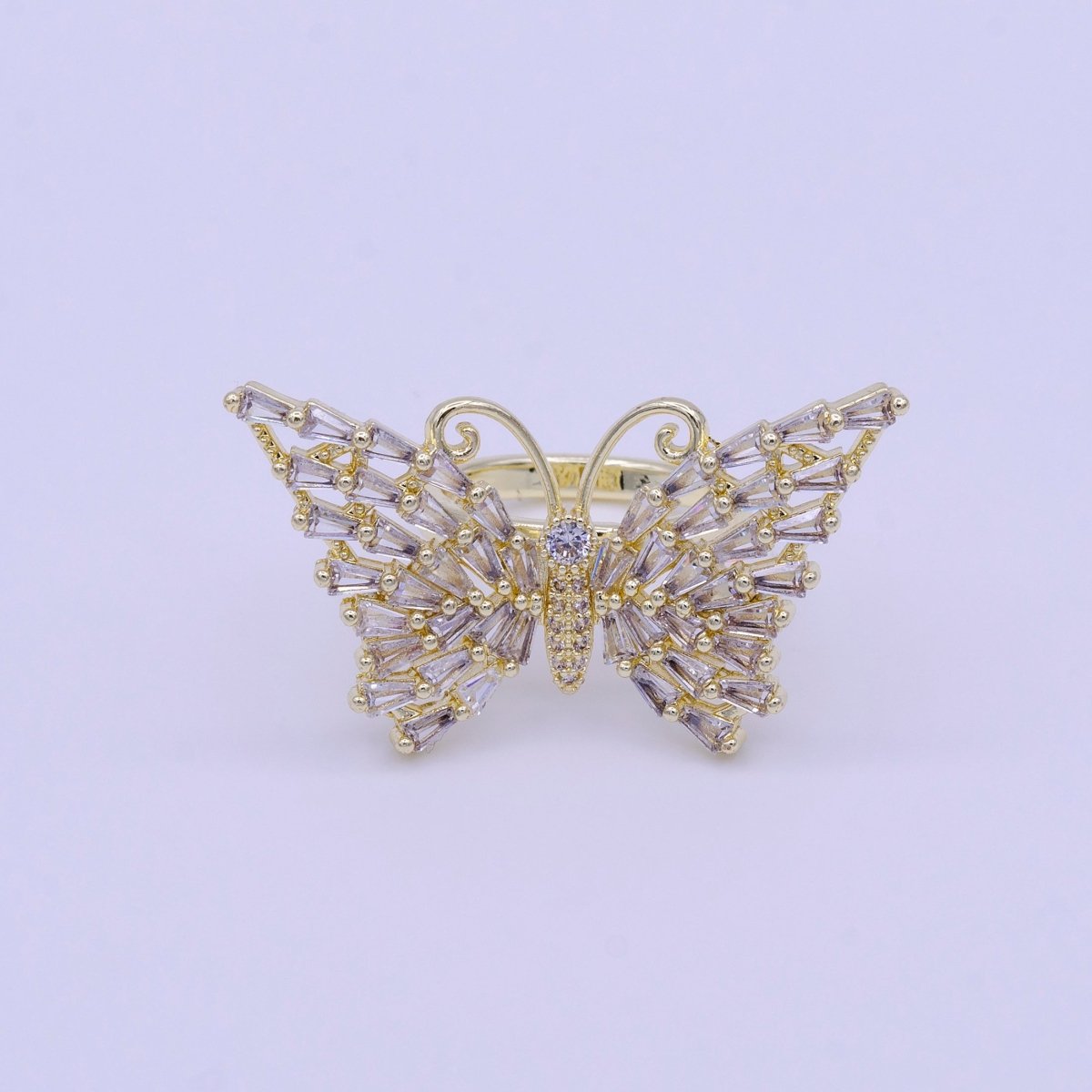 14K Gold Filled Antenna Butterfly Clear Triangle CZ Wings Adjustable Ring | O-007 - DLUXCA