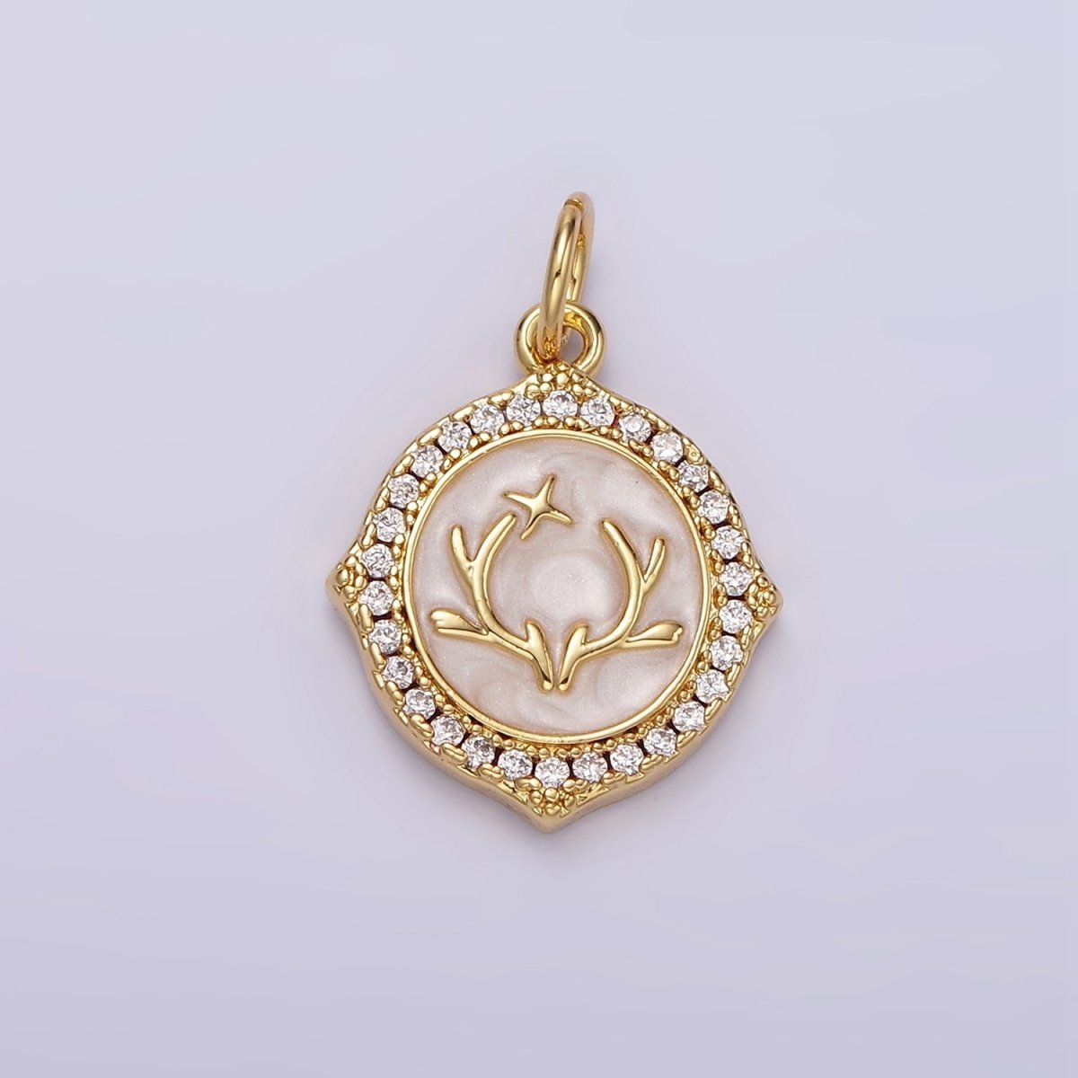 14K Gold Filled Antler Leaf Star Glitter White Enamel Clear CZ Micro Paved Round Charm in Gold & Silver | N1167 N1168 - DLUXCA